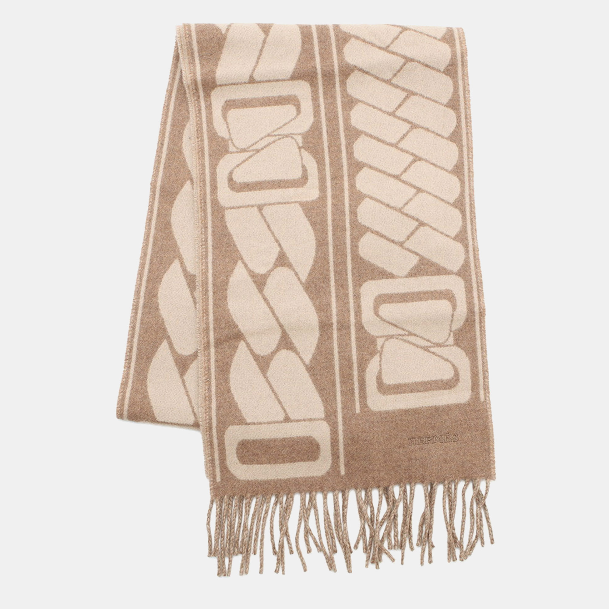 

Hermes Cashmere Scarf Clic Se Nue Marron Grasset / Craie Cashmere100%, Beige