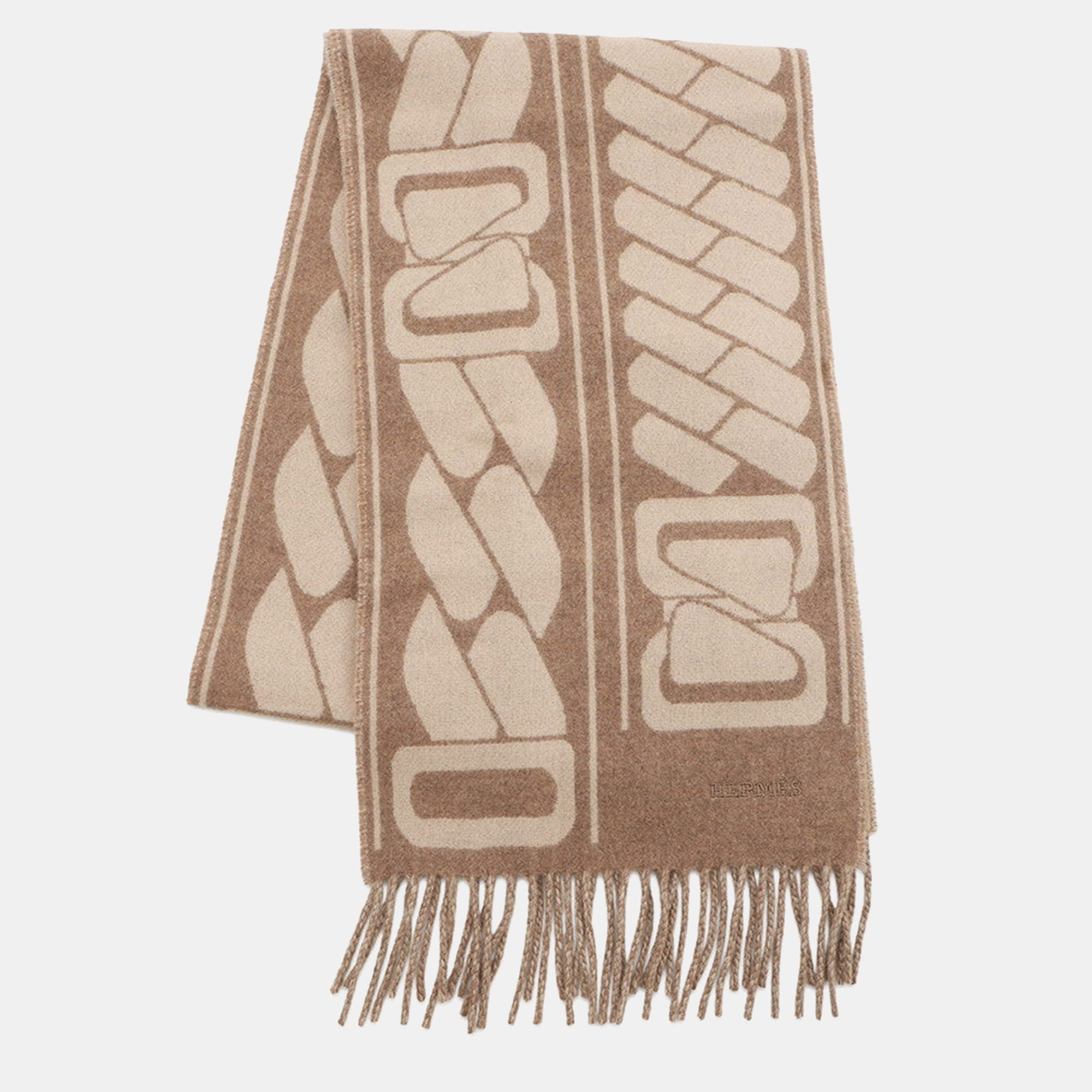 

Hermes Cashmere Scarf Clic Se Nue Marron Grasset/Craie Silk100%, Beige
