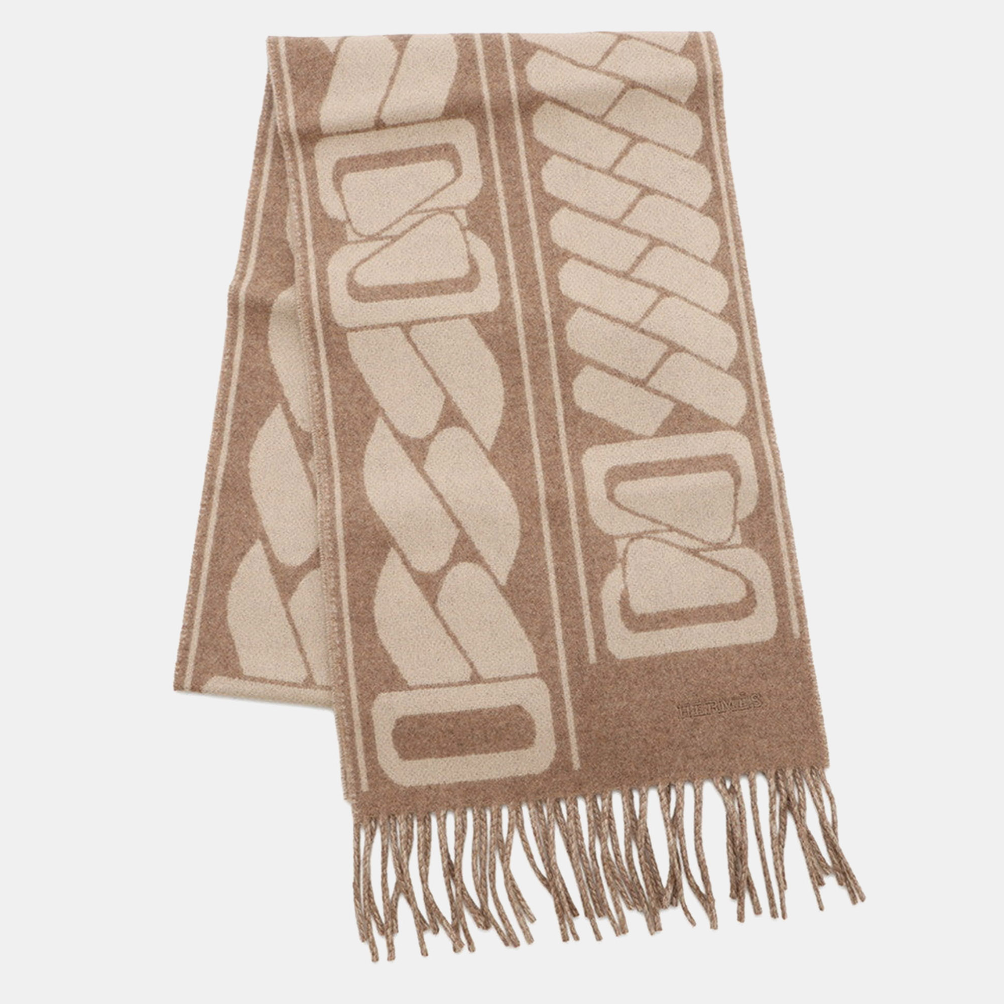 

Hermes Cashmere Scarf "Clic-Se-Nue" Marron Grasset / Craie Cashmere100%, Beige