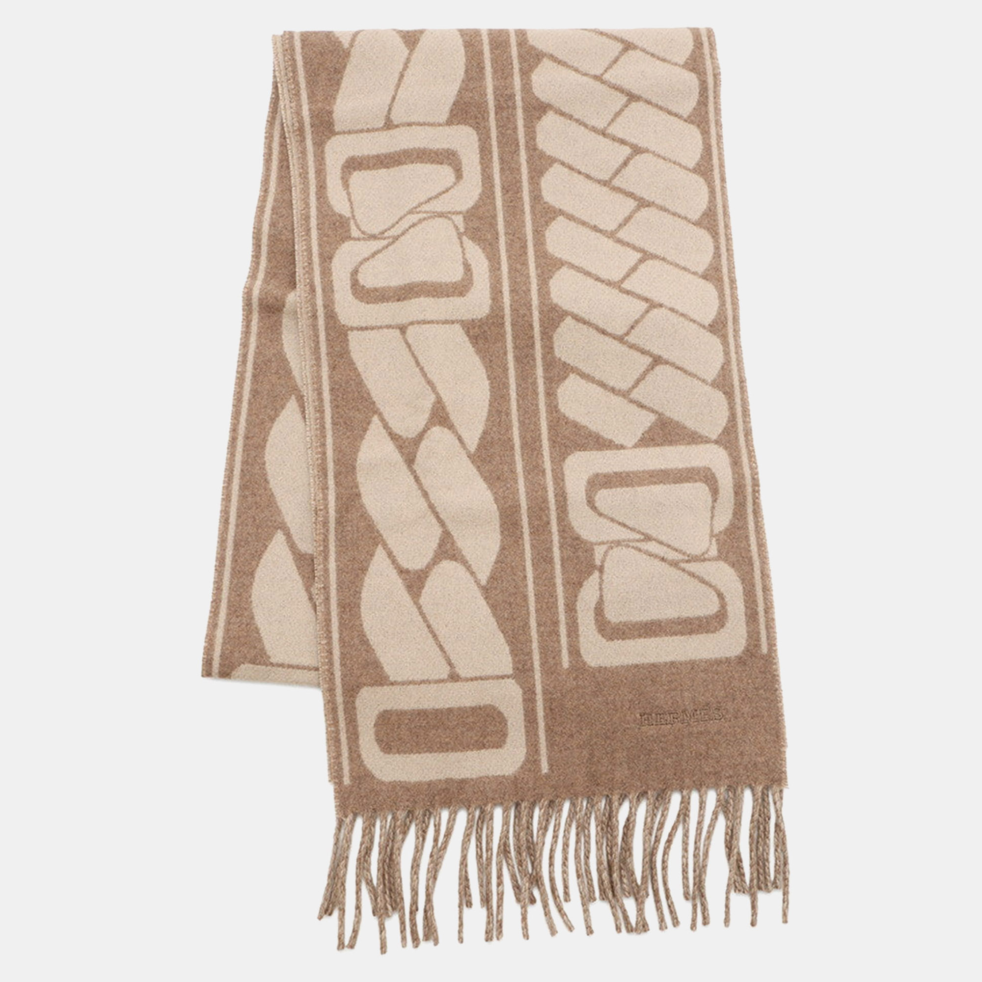 

Hermes Cashmere Scarf "Clic-Se-Nue" Marron Grasset/Craie Cashmere100%, Beige
