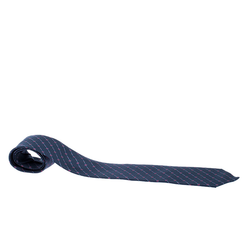 Pre Owned Hermes Navy Blue Printed Classic Silk Tie