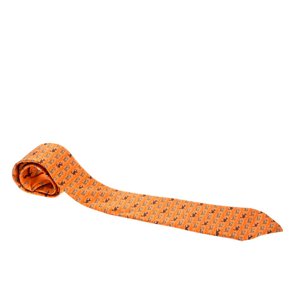 Pre Owned Hermès Orange Monkey and Tiger Print Silk Twill Tie