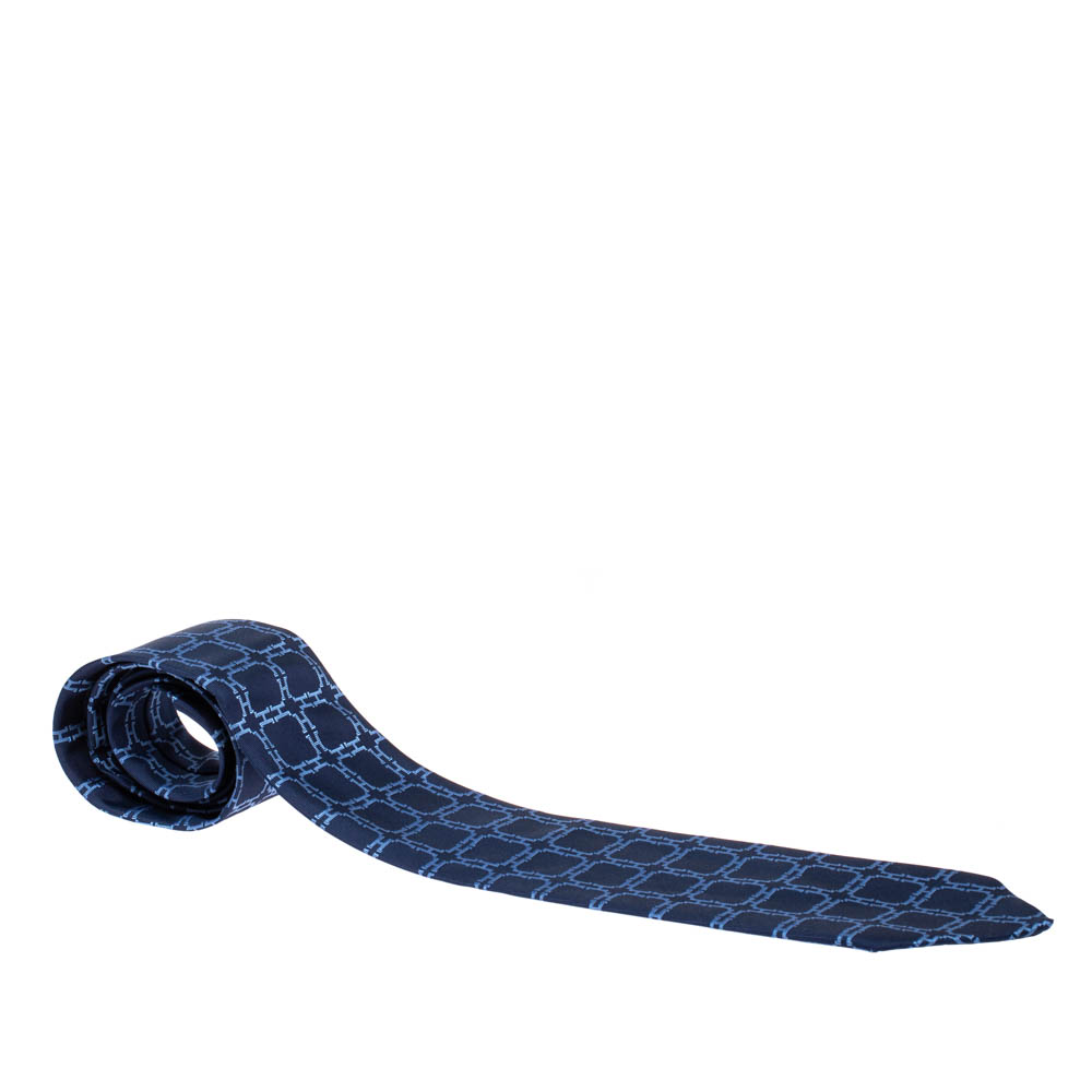 Hermès Marine Blue H Patterned Jacquard Silk Tie