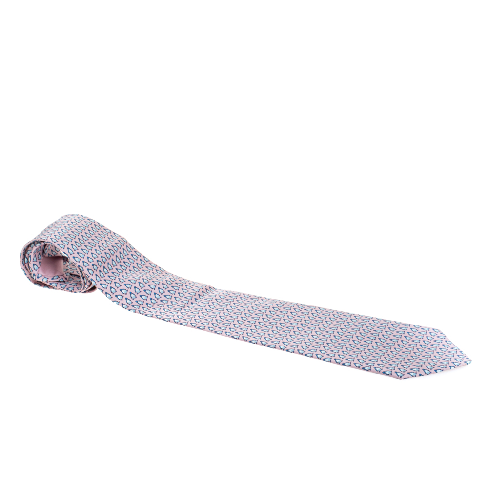 Pre Owned Hermes Pale Pink Penguin Print Traditional Silk Tie