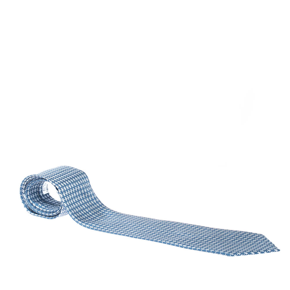 Pre Owned Hermès Blue and White H Print Silk Twill Tie