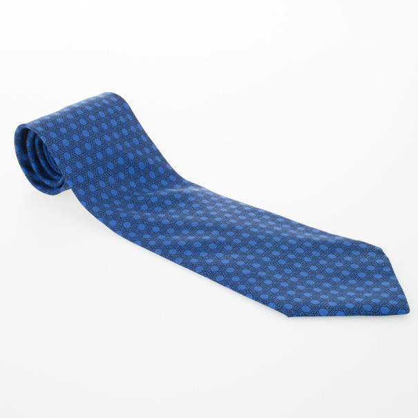 Hermes Blue Hexagon 'H' Print Silk Tie