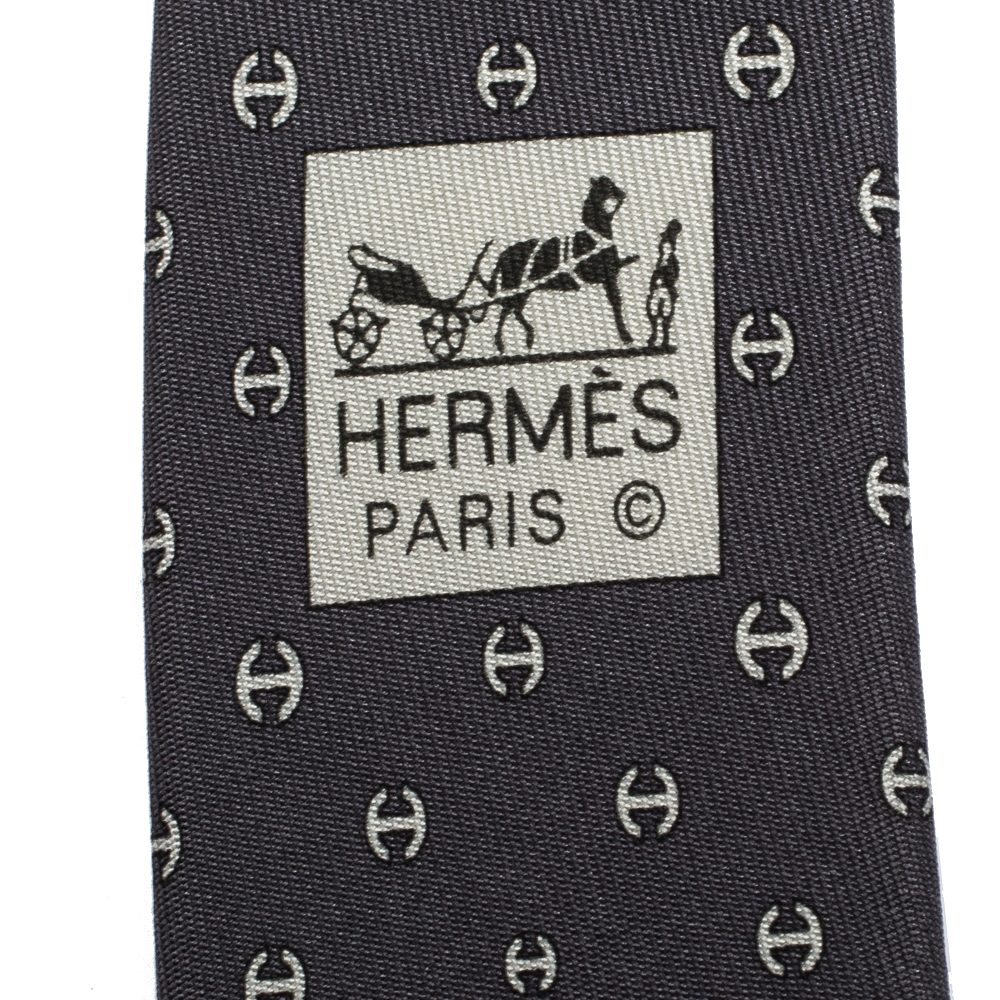 Hermes Grey H Tonneau Print Silk Tie