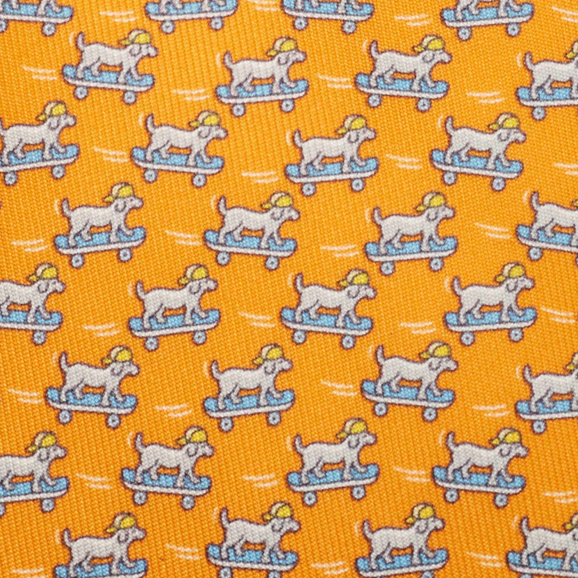 

Hermès Orange Roller Dog Printed Silk Slim Tie