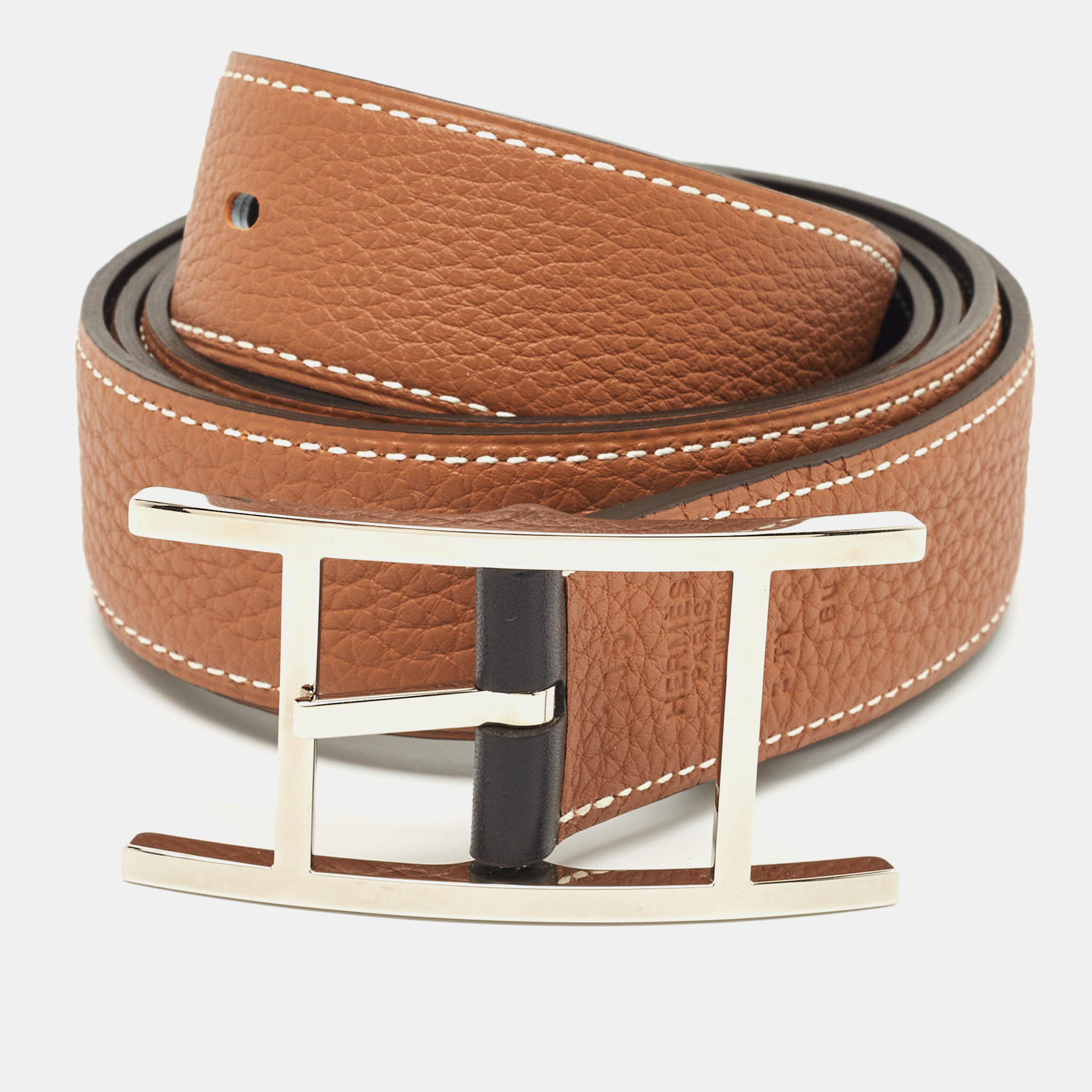 Pre Owned Hermès Gold/Black Togo/Box Leather Hapi Belt 105CM