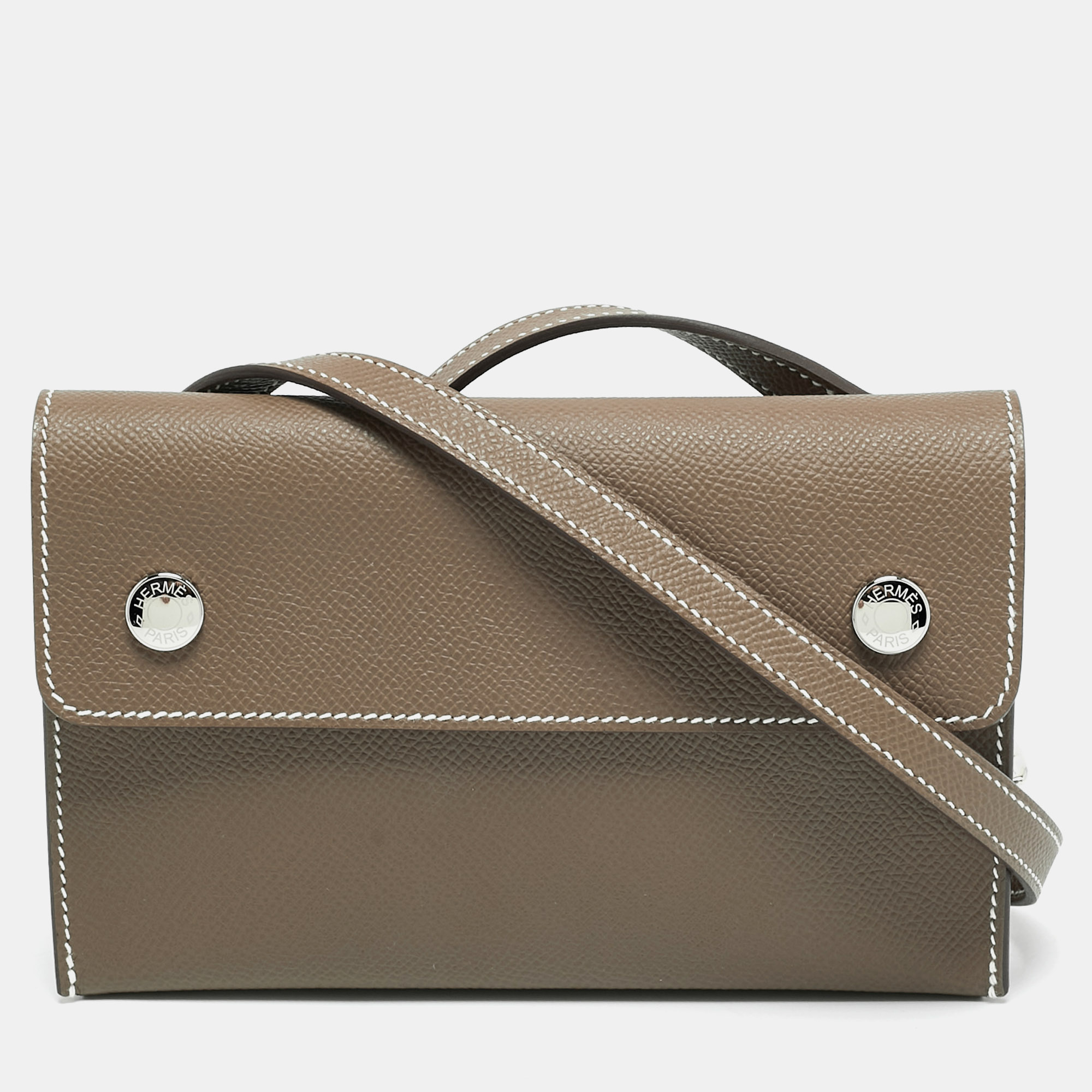 

Hermes Hermesnap Etoupe Epsom Leather Wallet On Strap, Grey