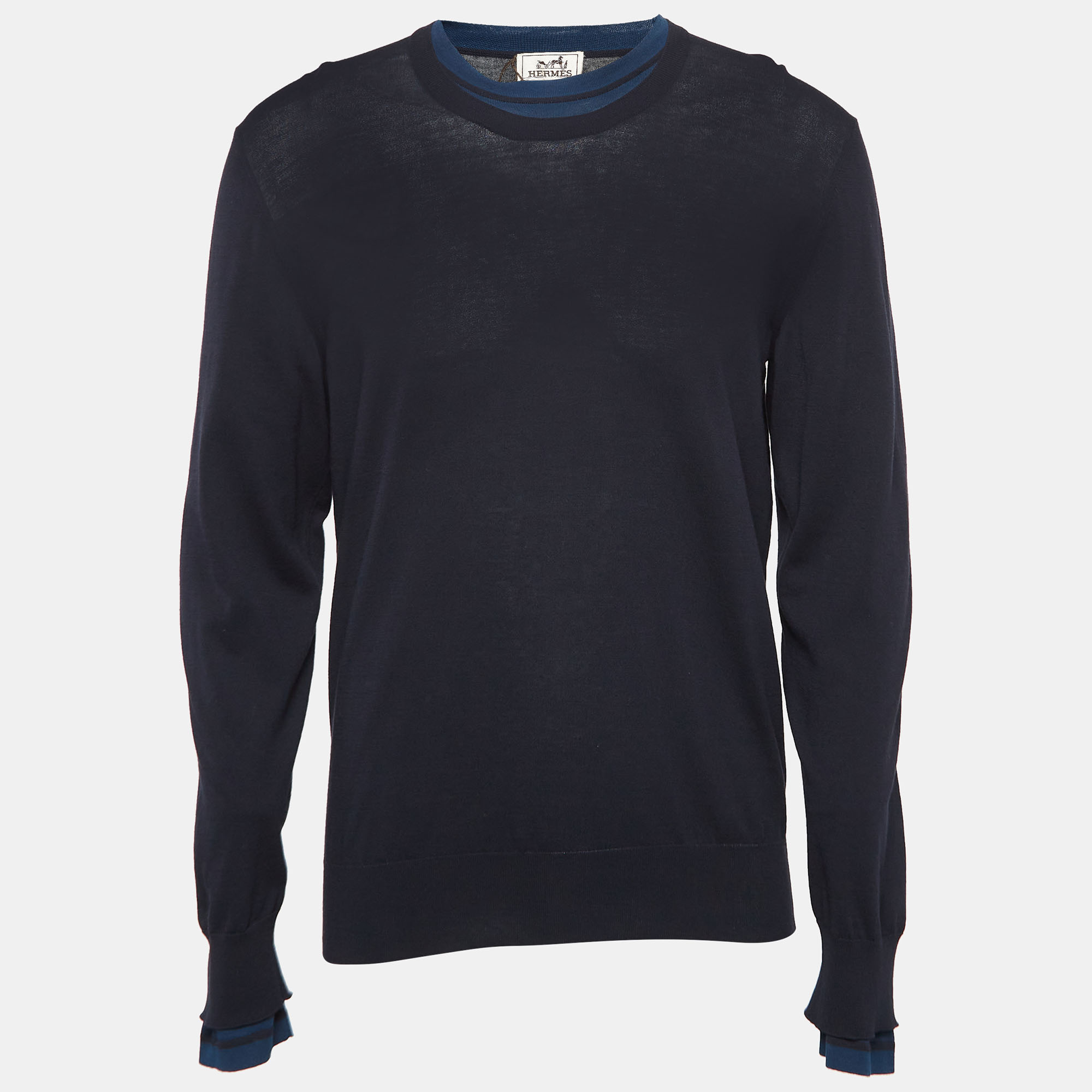 

Hermes Navy Blue Cotton Knit Superpose Pullover L