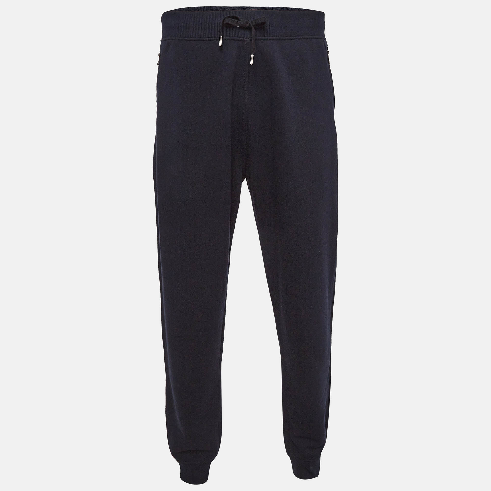 Pre-owned Hermes Black Cotton Jogger Pants L In Navy Blue