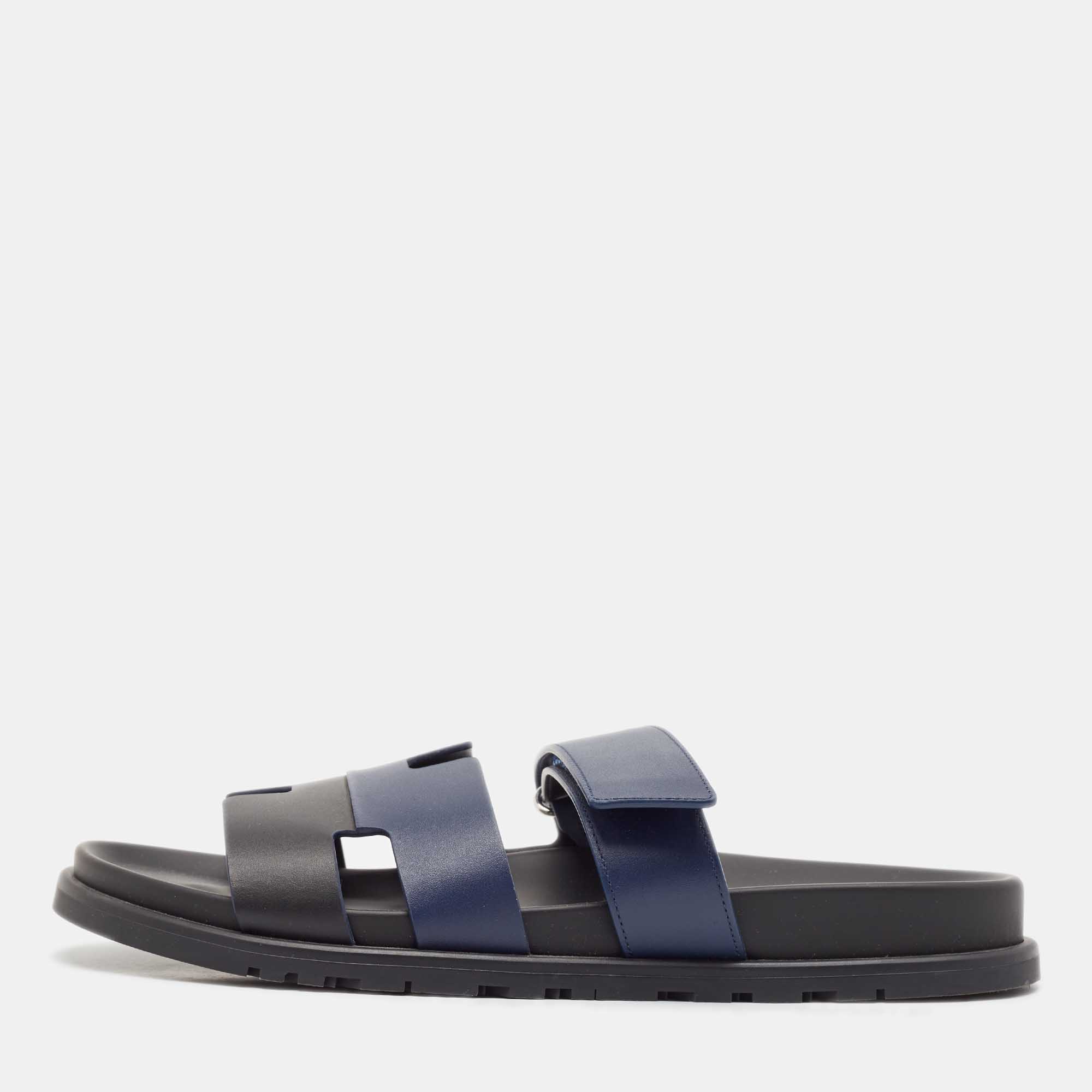 

Hermes Black/Navy Blue Leather Chypre Sandals Size