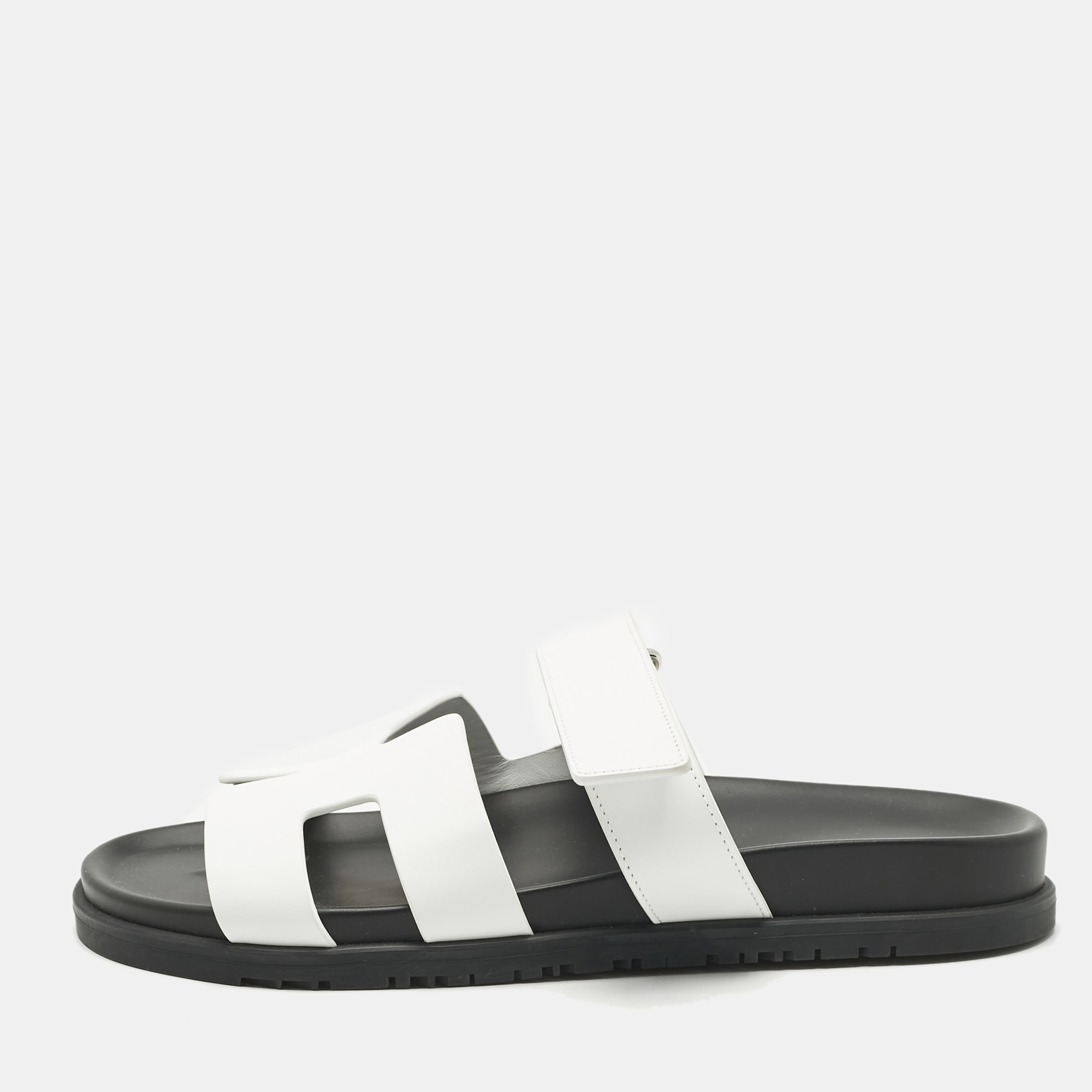 

Hermes White Leather Chypre Slide Sandals Size