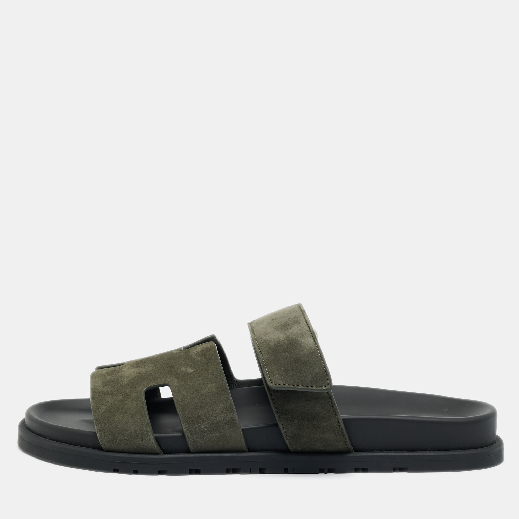 Pre-owned Hermes Chypre Size 42 Dark Olive Green Slide Sandals