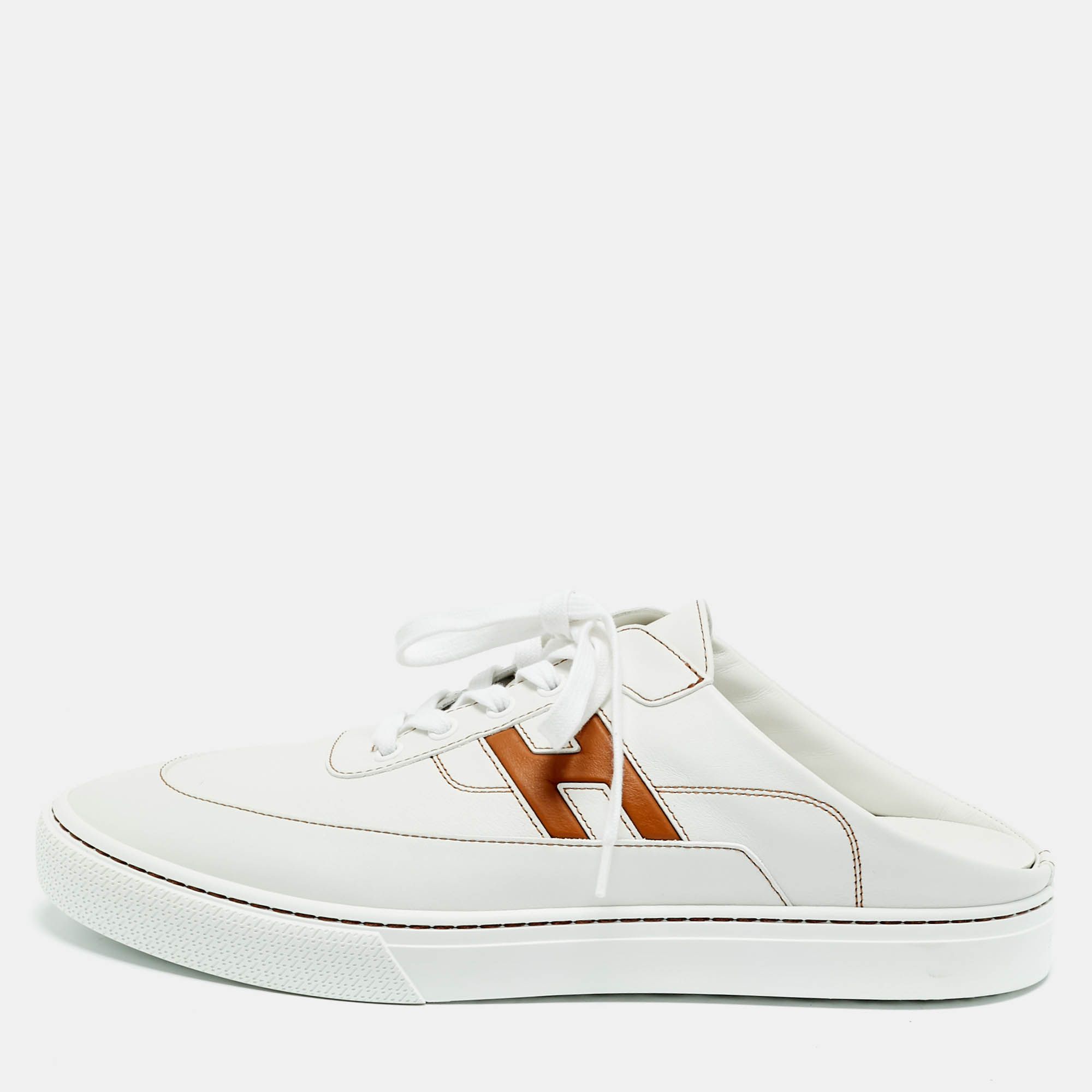 

Hermes Keep Size  White Leather Mules Sneakers