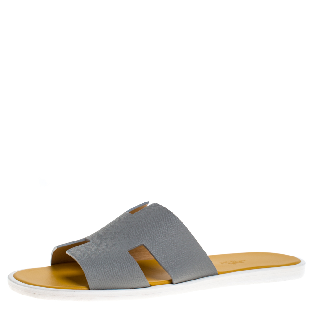 Hermes Grey/Yellow Leather Izmir Flat Slides Size 42