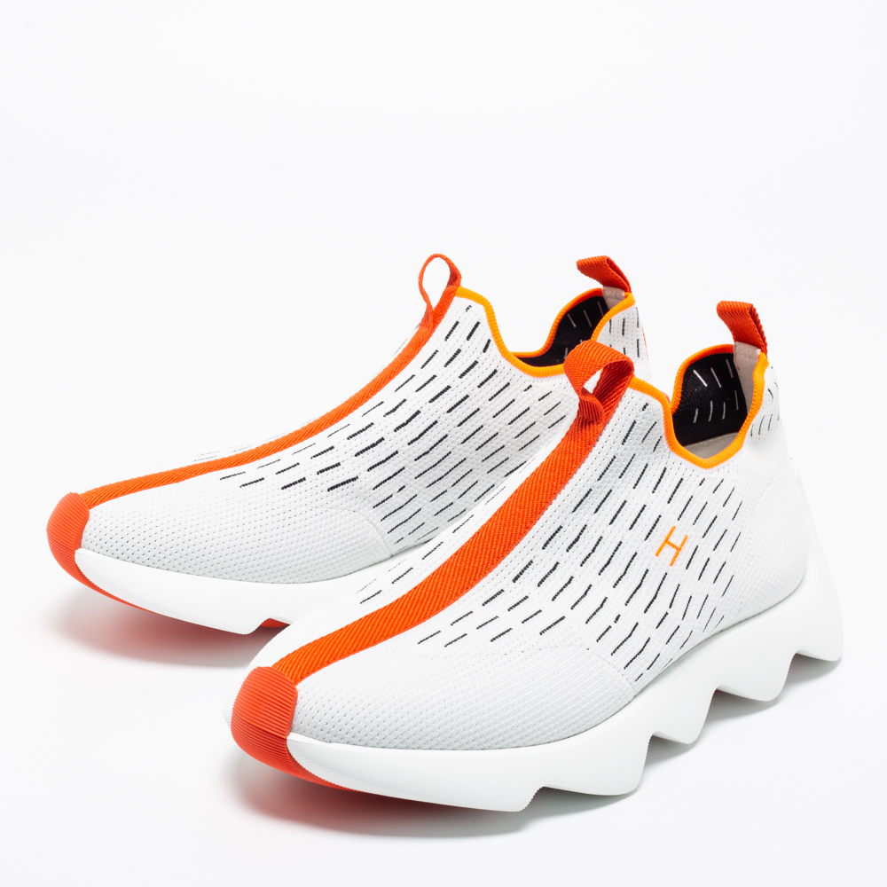 

Hermes White/Orange Knit Fabric Eclair Slip-On Sneakers Size