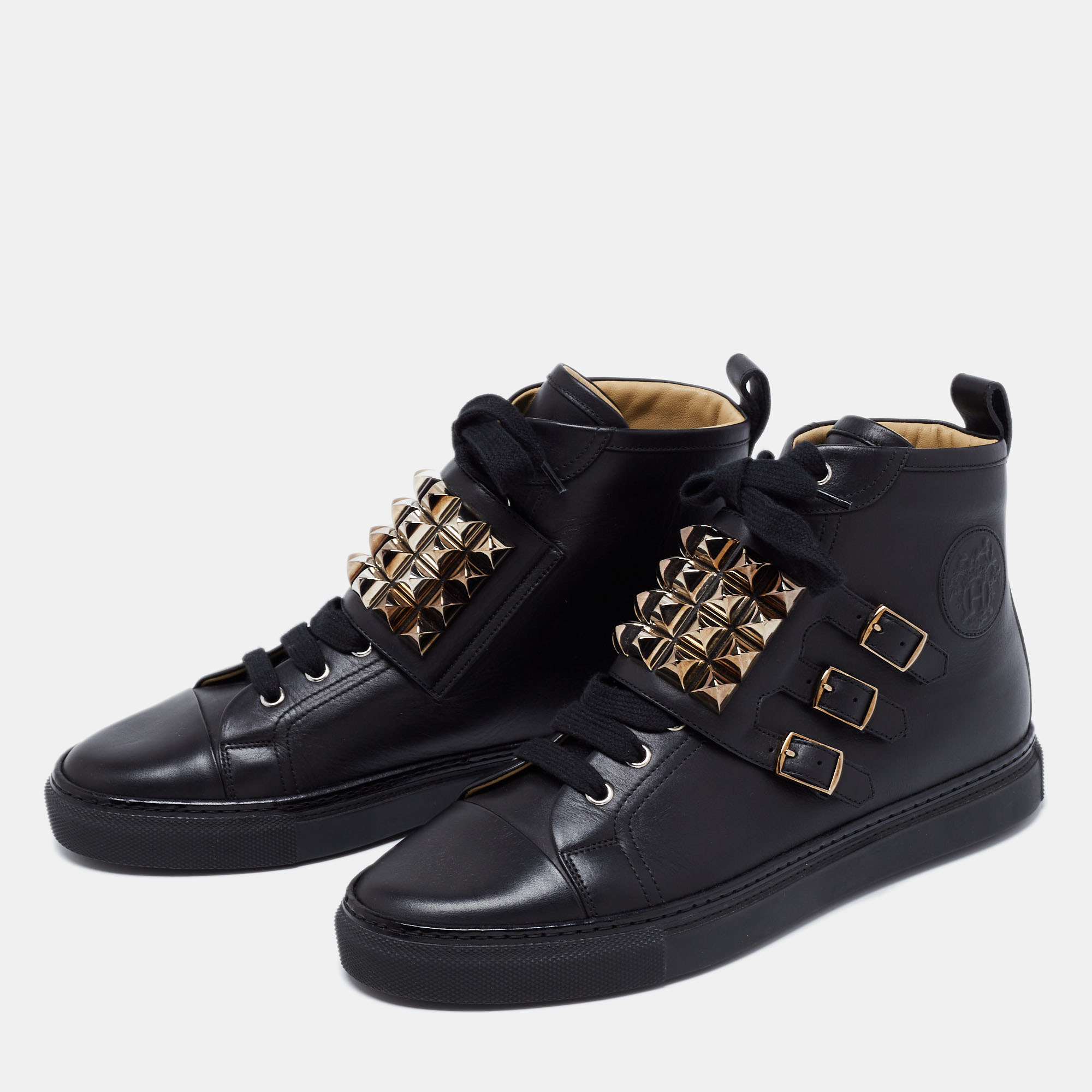 

Hermes Black Leather Studded Lennox High-Top Sneakers Size