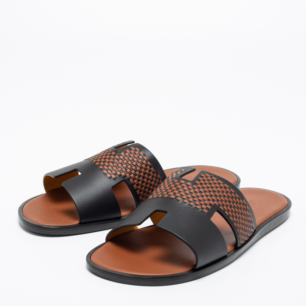 

Hermes Black/Brown Leather Izmir Flat Sandals Size