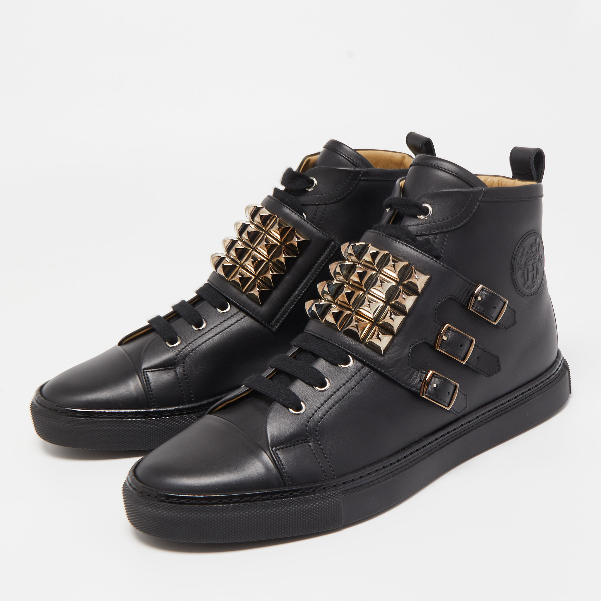 

Hermes Black Leather Studded Lennox High Top Sneakers Size