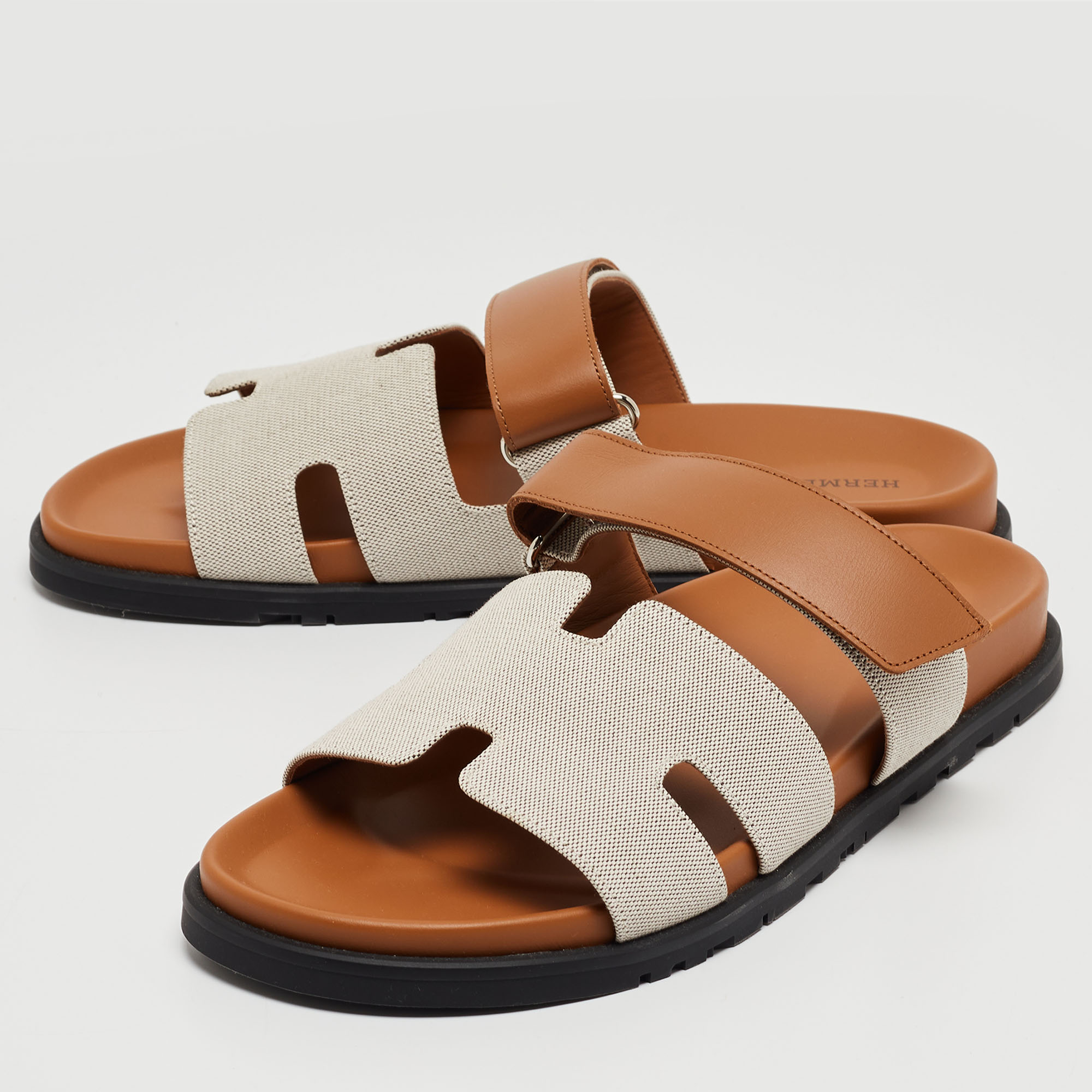 

Hermes Beige/Brown Canvas and Leather Chypre Sandals Size