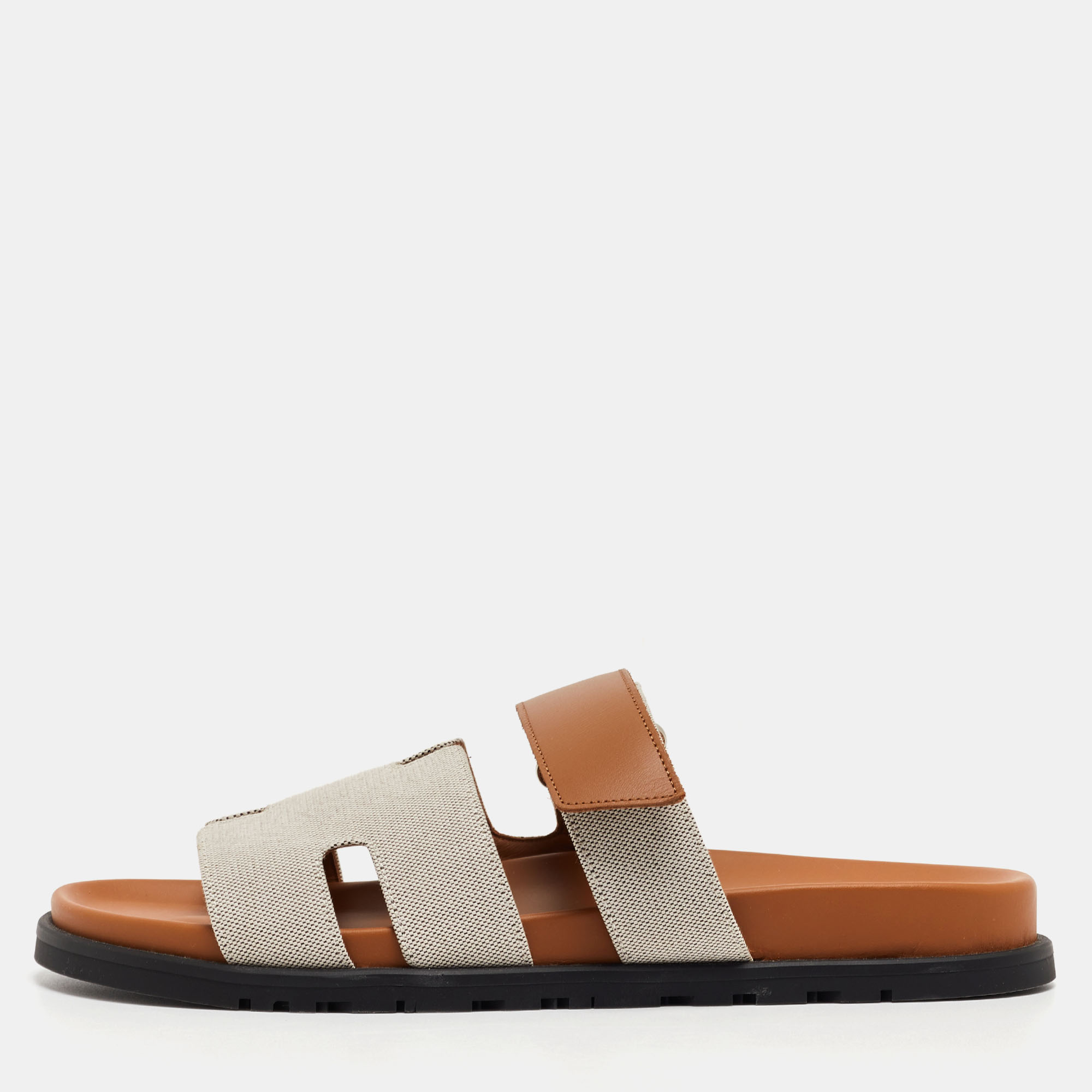 Hermes Beige/Brown Canvas and Leather Chypre Sandals Size 43