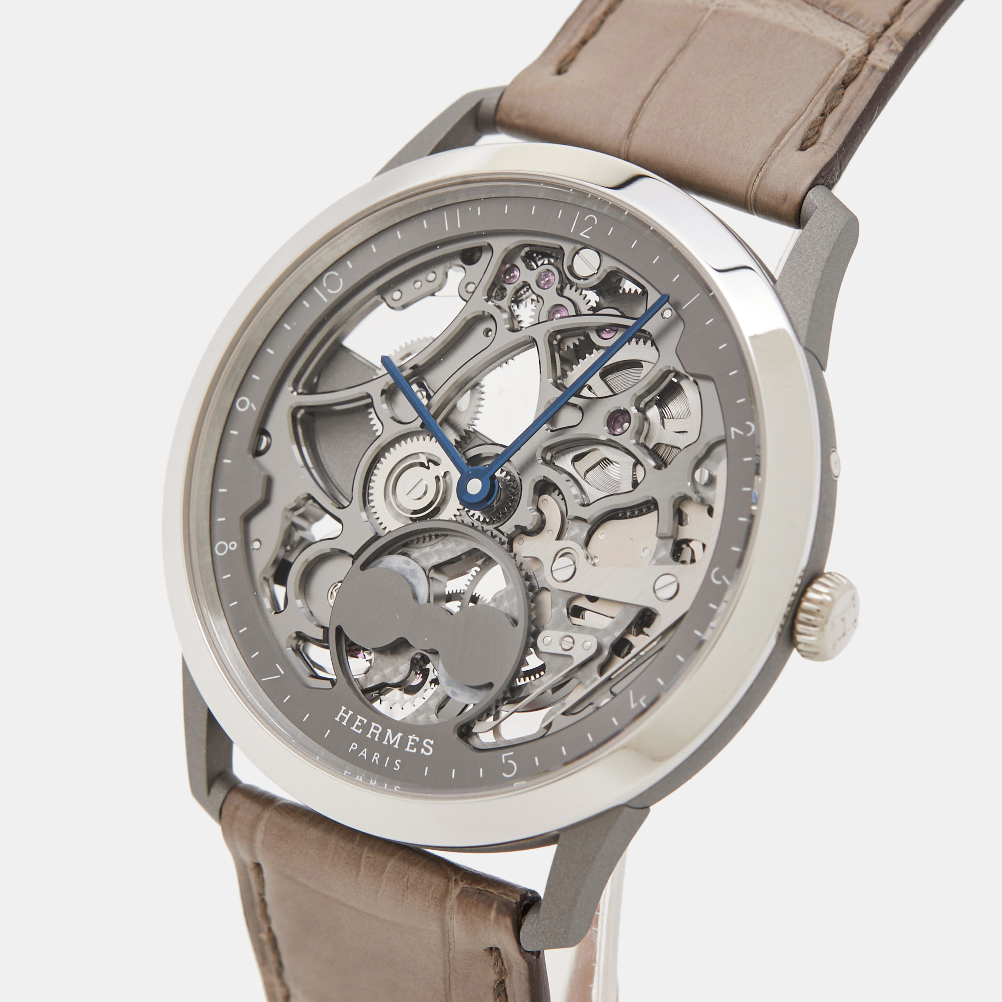 

Hermes Grey Skeleton Titanium Platinum Alligator Leather Slim d'Hermès Squelette Lune Lune W053606WW00 Men's Wristwatch