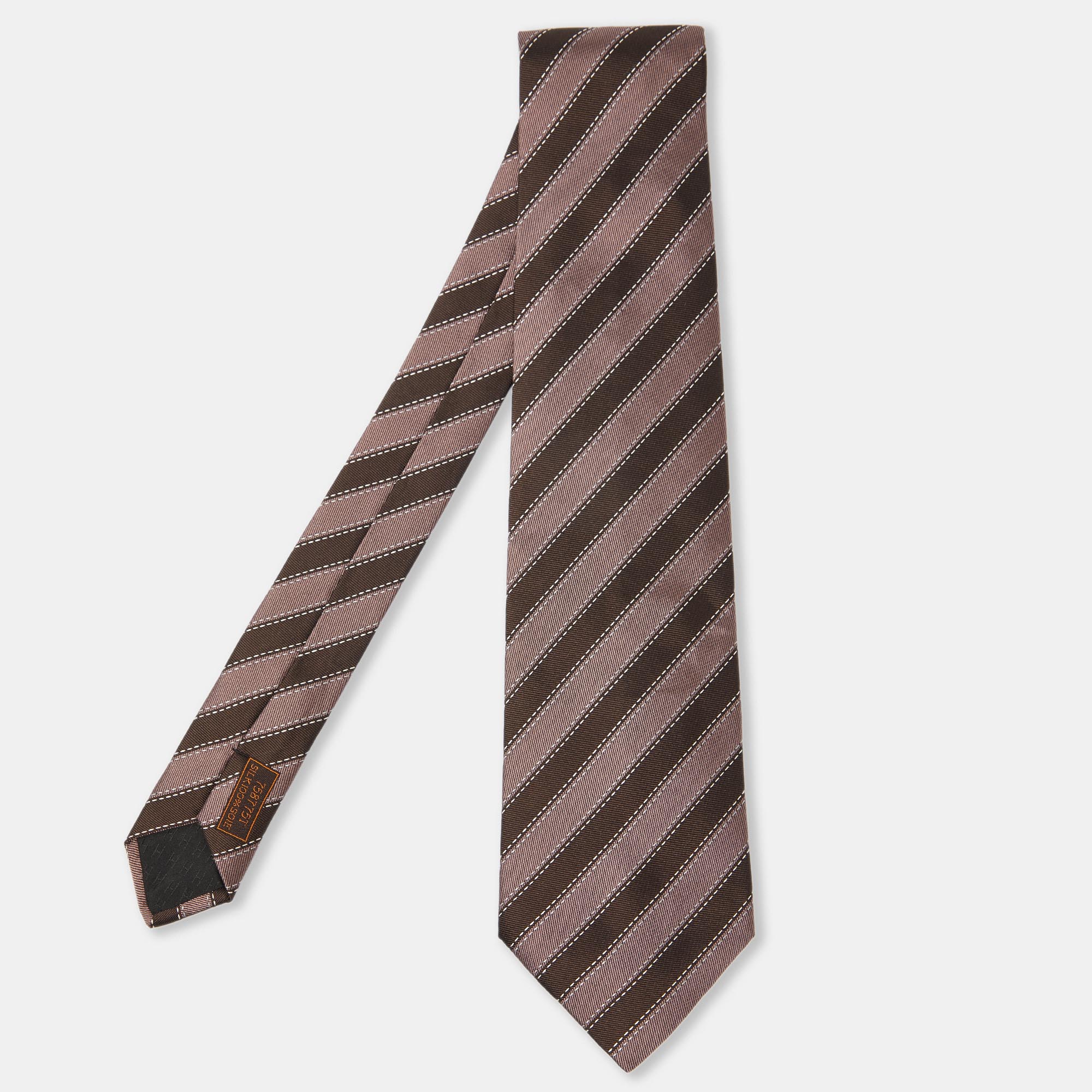 

Hermes Brown Diagonal Stripe Pattern Silk Traditional Tie, Cream