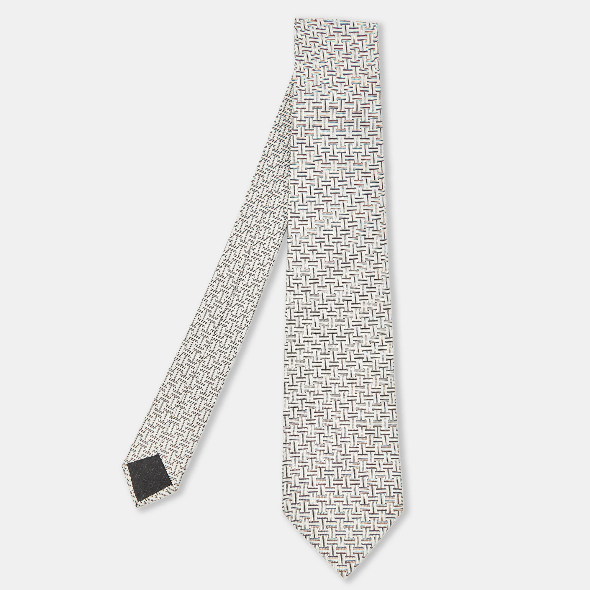 Pre-owned Hermes Hermès Monochrome Interlace Pattern Silk Tie In White