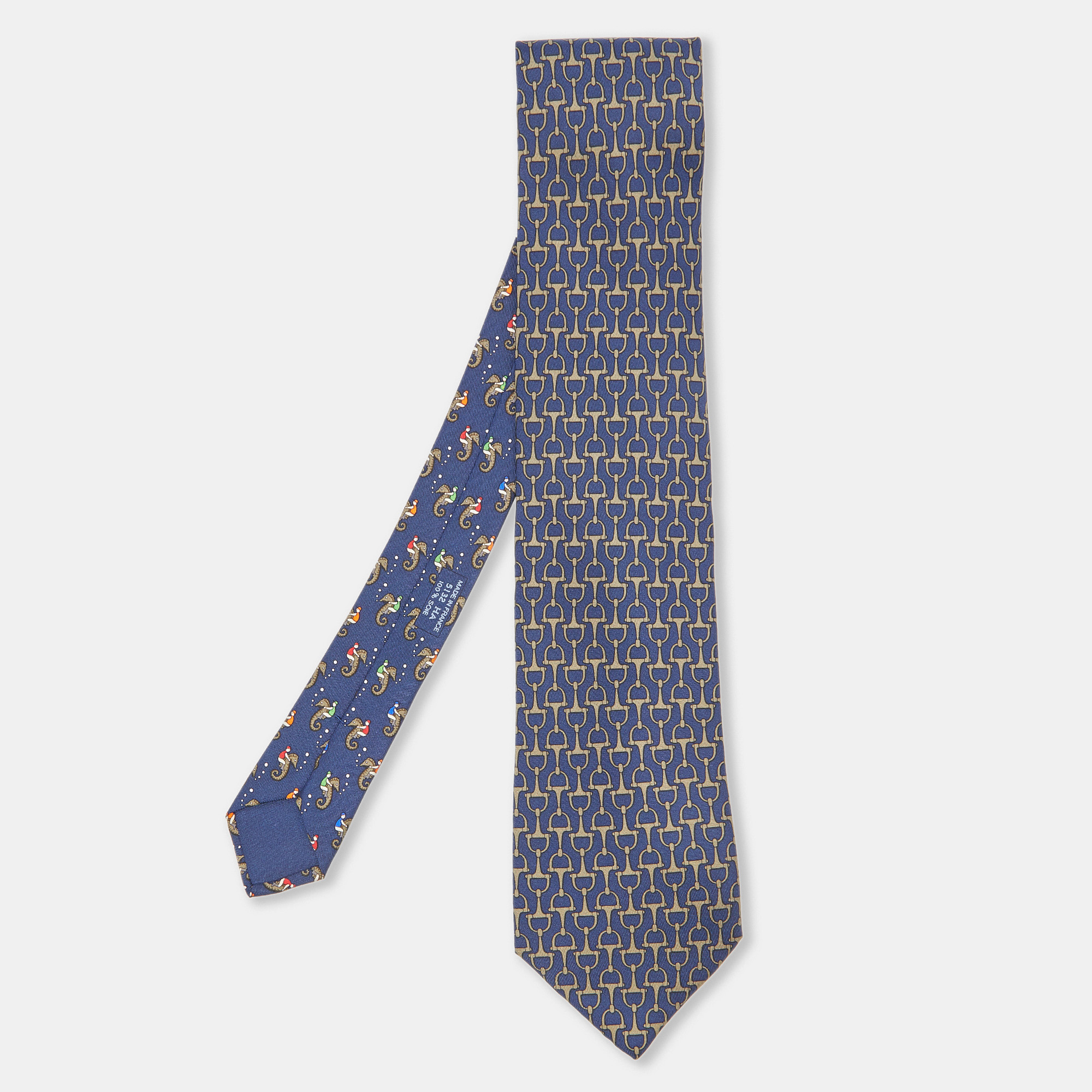 

Hermès Navy Blue Horse Bit Print Silk Classic Tie