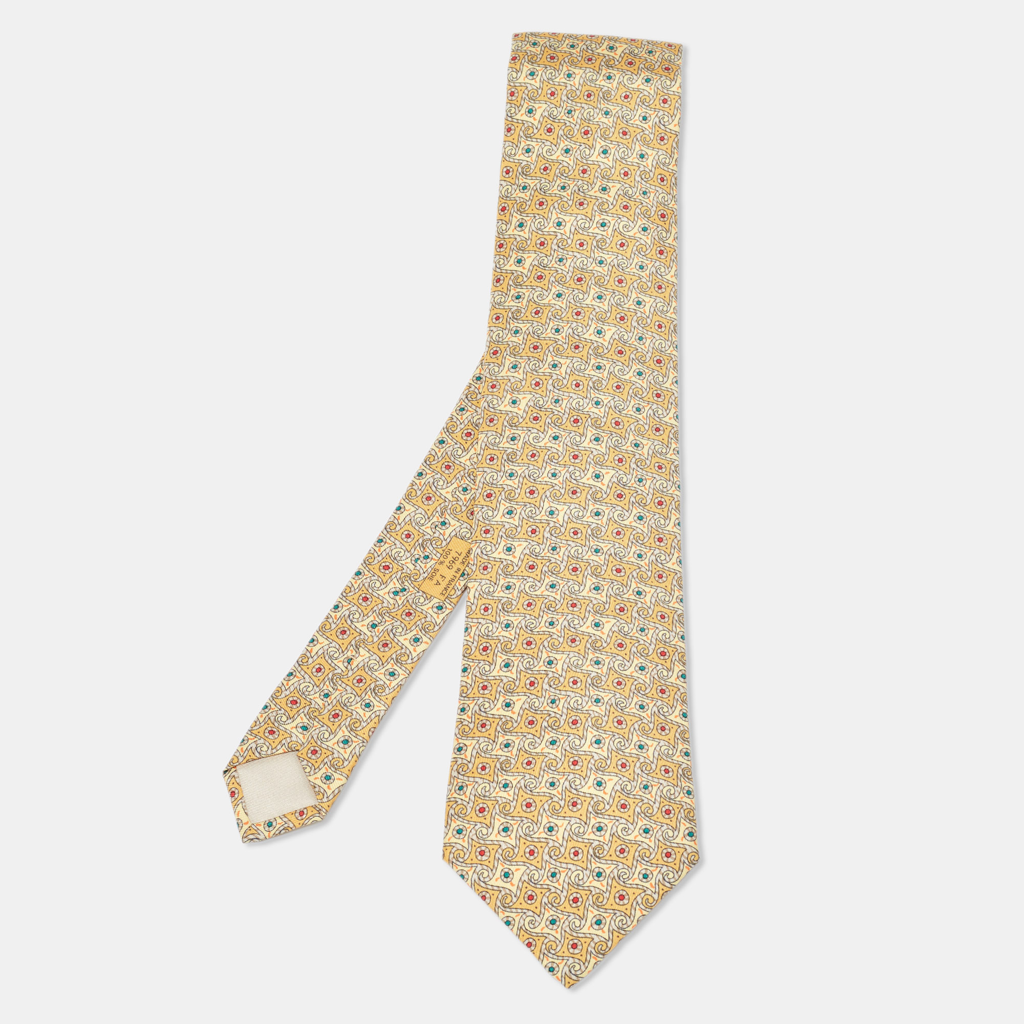 Pre-owned Hermes Hermès Yellow Whimsical Pinwheel Print Silk Traditional Tie