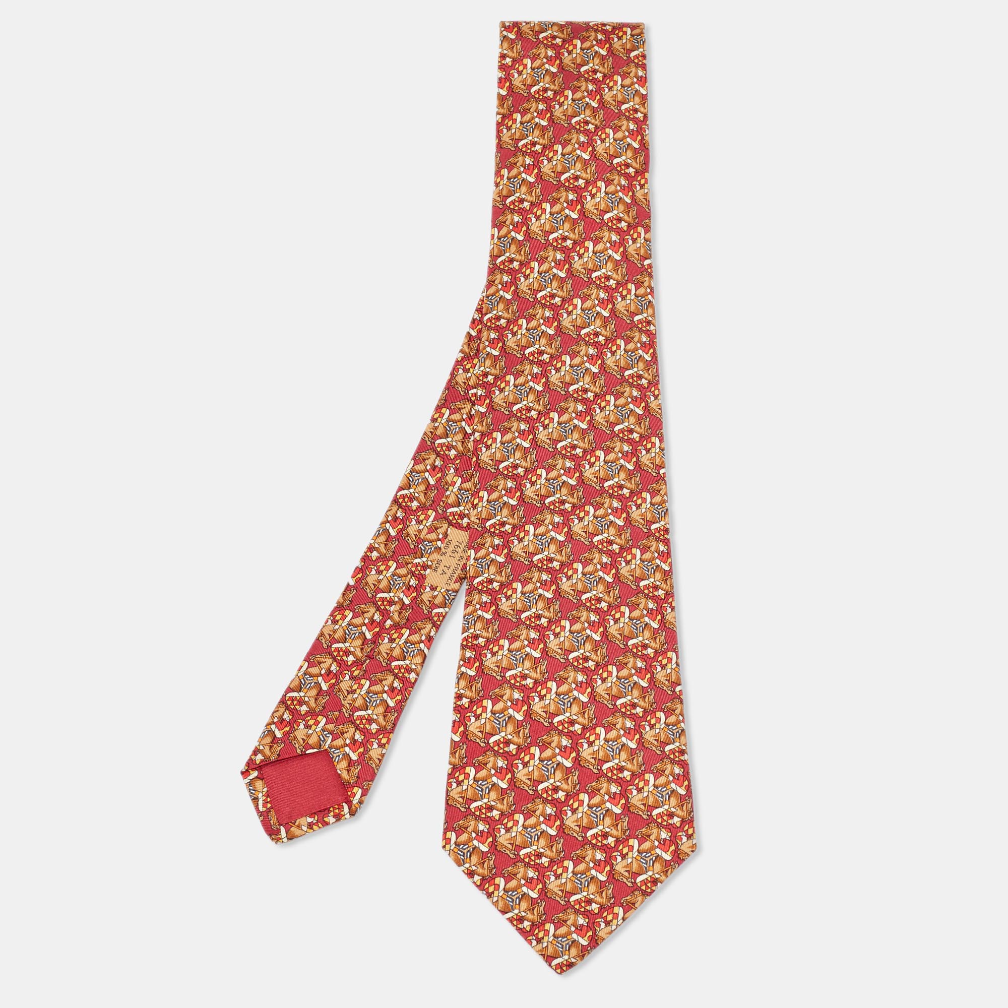 Pre-owned Hermes Hermès Red Jockey Horses Print Silk Traditional Tie