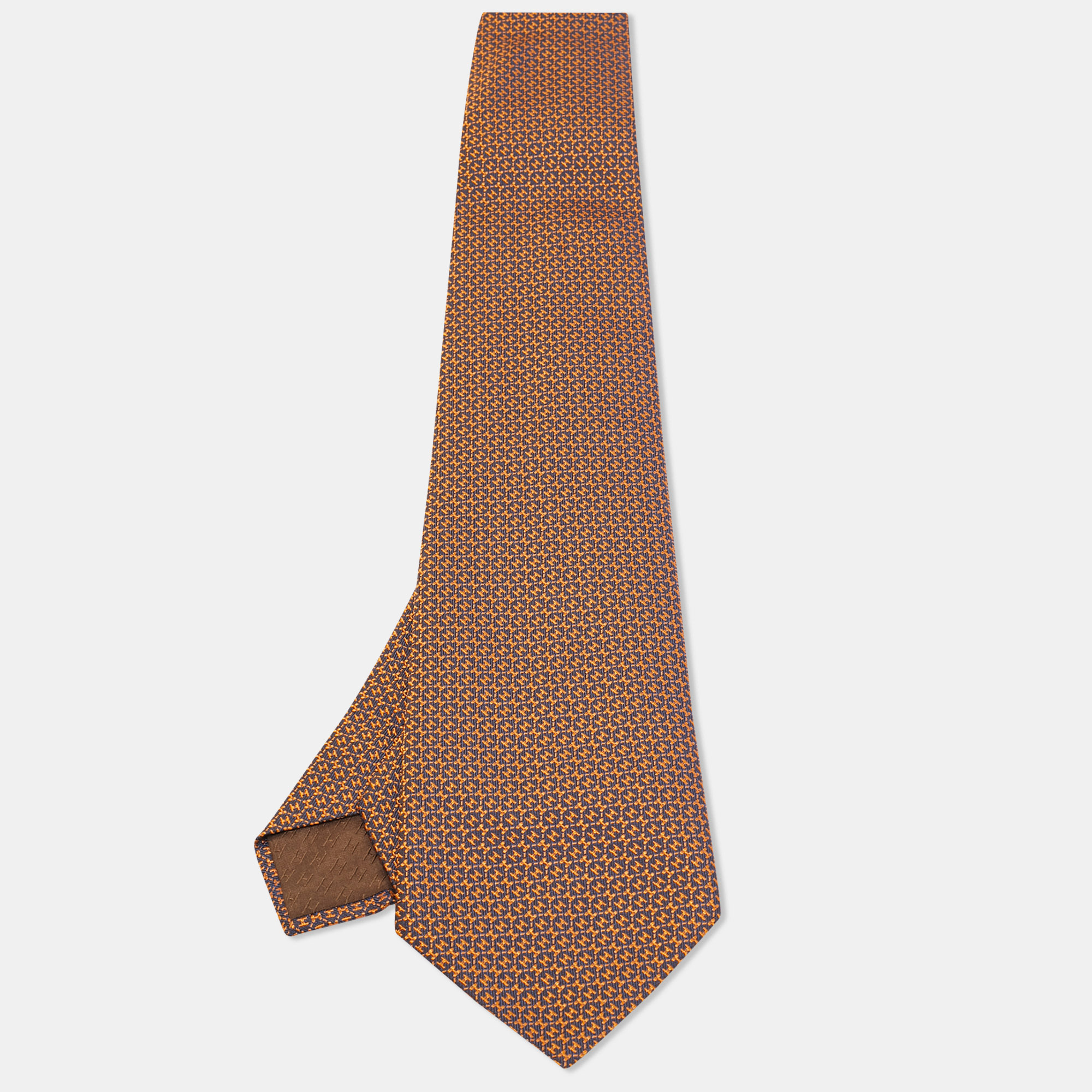 

Hermès Orange H Pattern Silk Traditional Tie