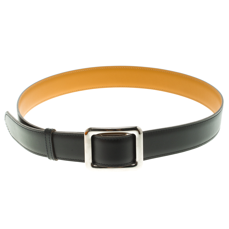 Pre Owned Hermes Black/Brown Box Calf Leather Reversible Buckle Belt 85CM