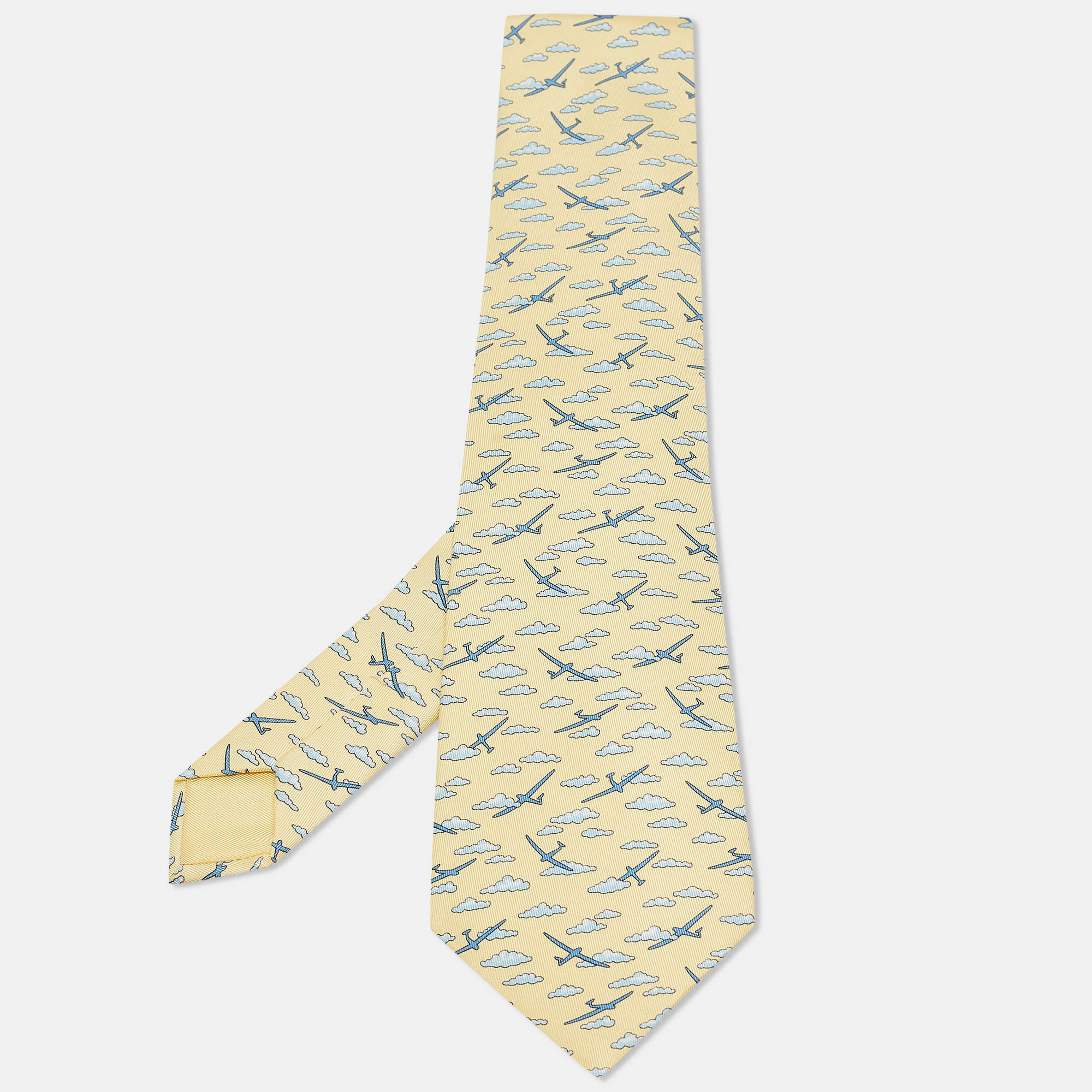 Pre-owned Hermes Hermès Yellow Airplane Cloud Print Silk Traditional Tie