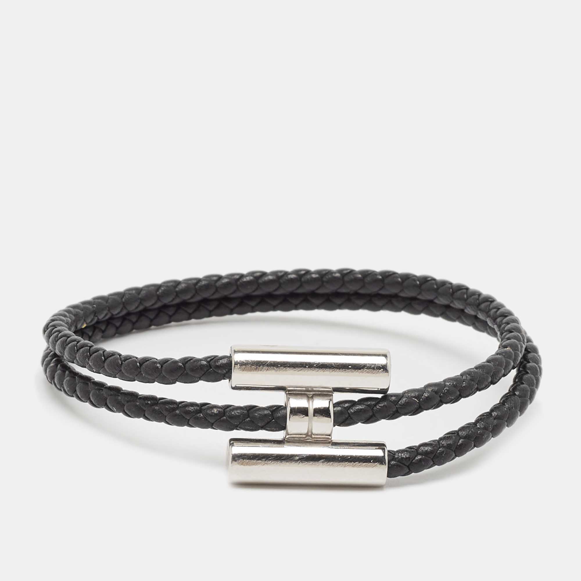 

Hermès Tournis Tresse-Black Leather Palladium Plated Bracelet