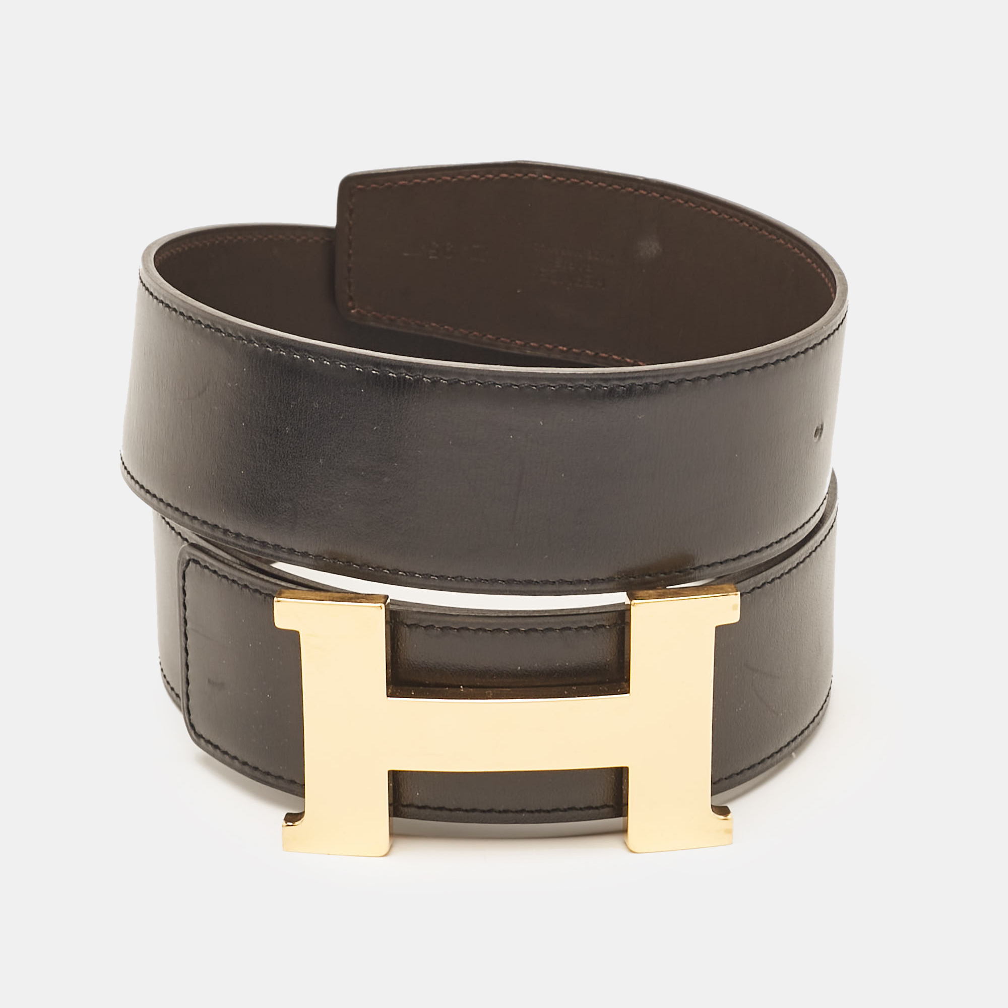 

Hermes Noir/Chocolate Chamonix and Swift Leather Constance Reversible Belt, Black