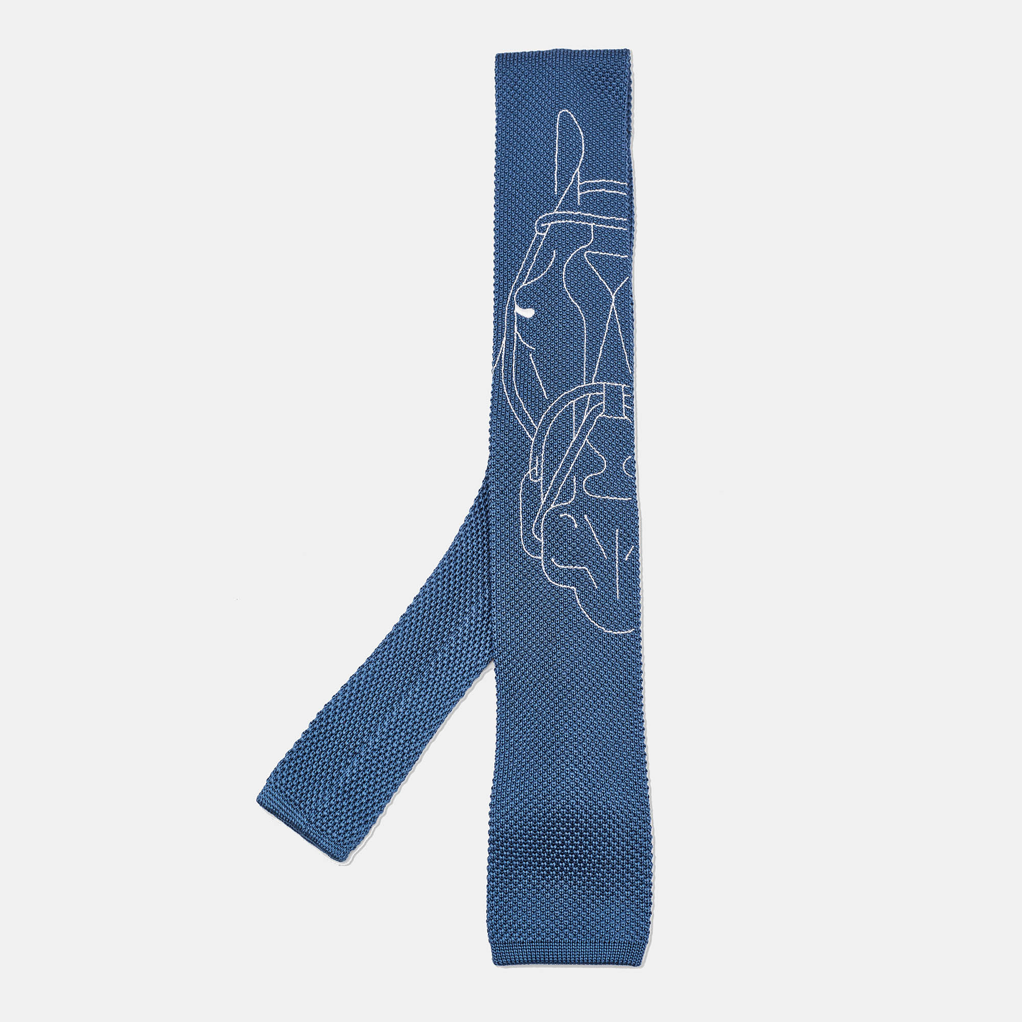 

Hermes Blue Silk Knit Tete-A-Tete Equestre Tie