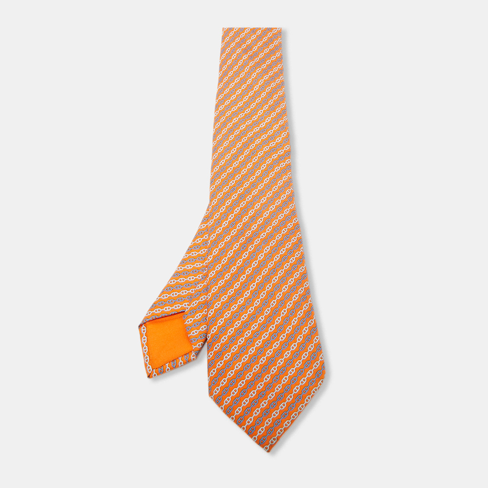 

Hermes orange Print Silk L'ancre Tie