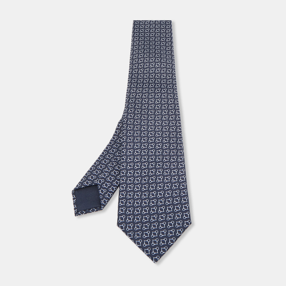 

Hermes Navy Blue Print Silk Mors Ever Marine Tie