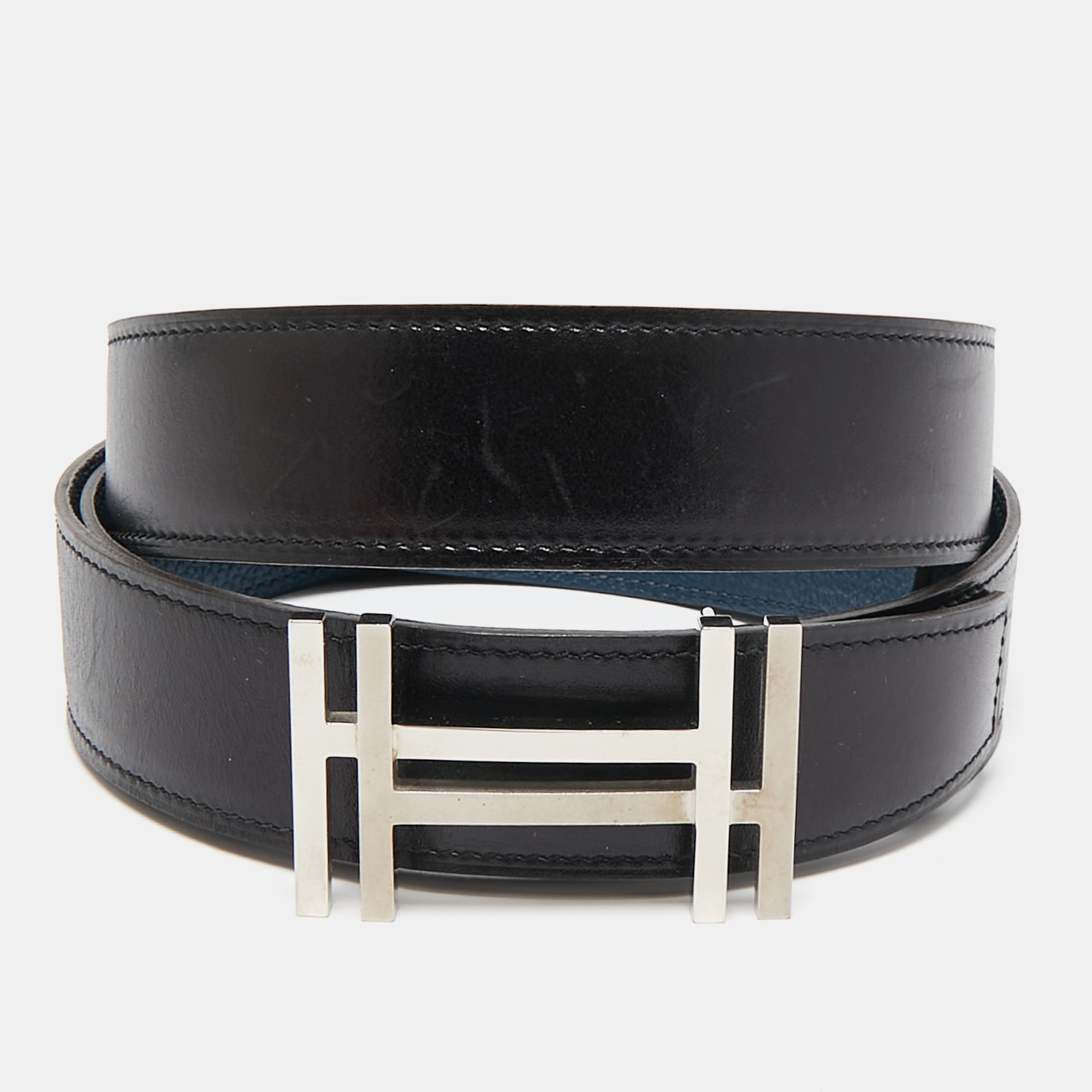 

Hermes Noir/Bleu De Prusse Chamonix and Togo Leather H Au Carre Reversible Belt, Black