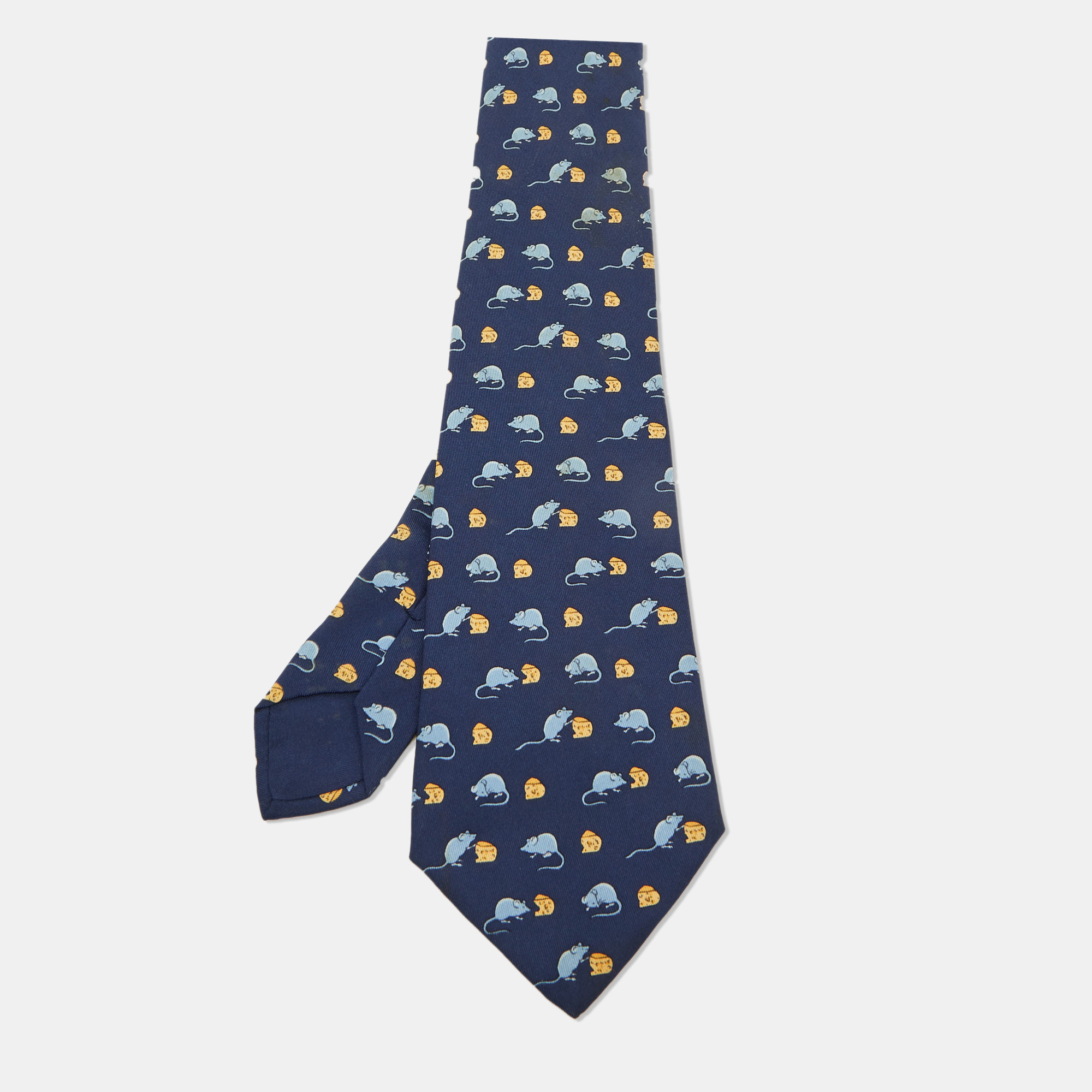 

Hermès Navy Blue Mouse and Cheese Print Silk Classic Tie