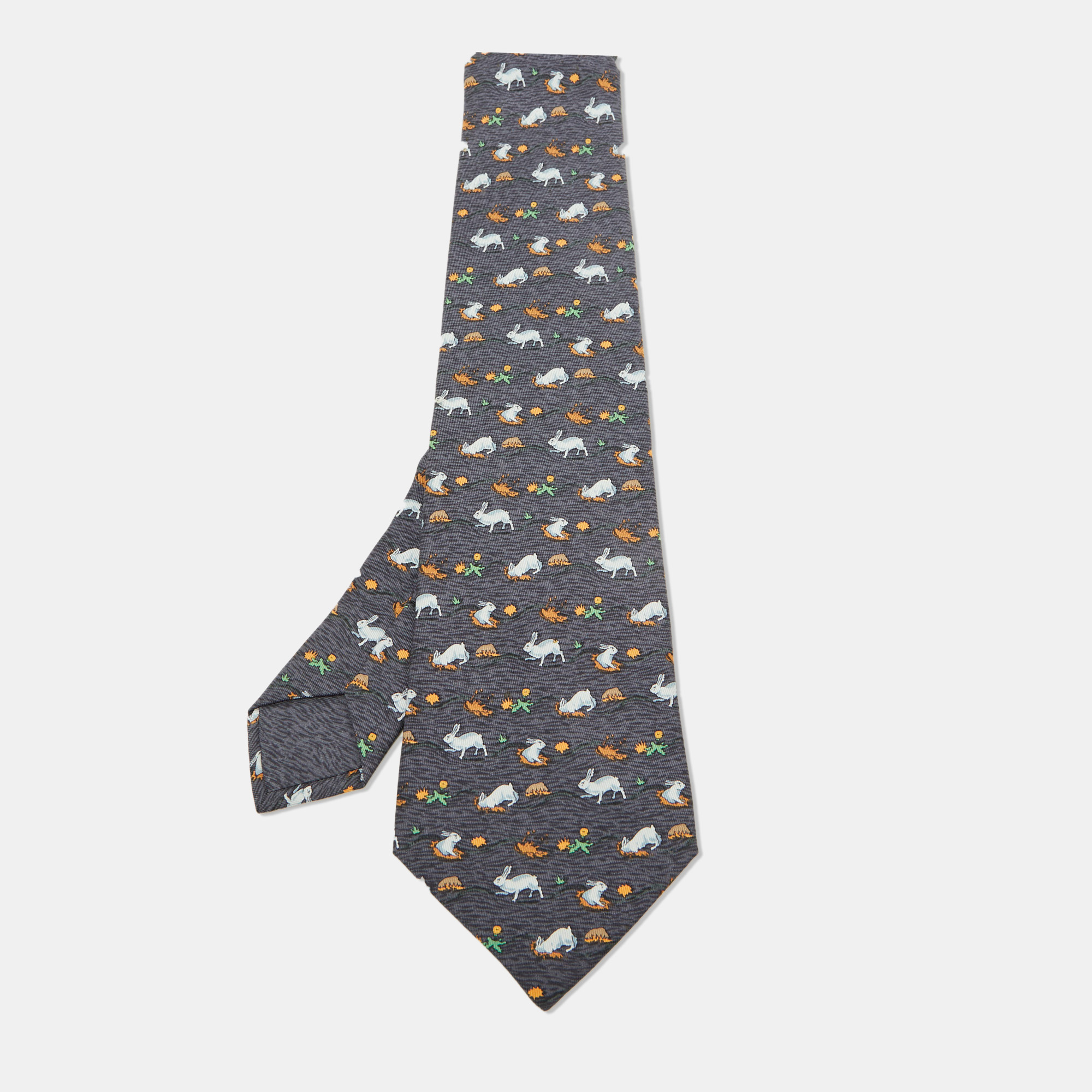 

Hermes Grey Rabbit Print Silk Classic Tie