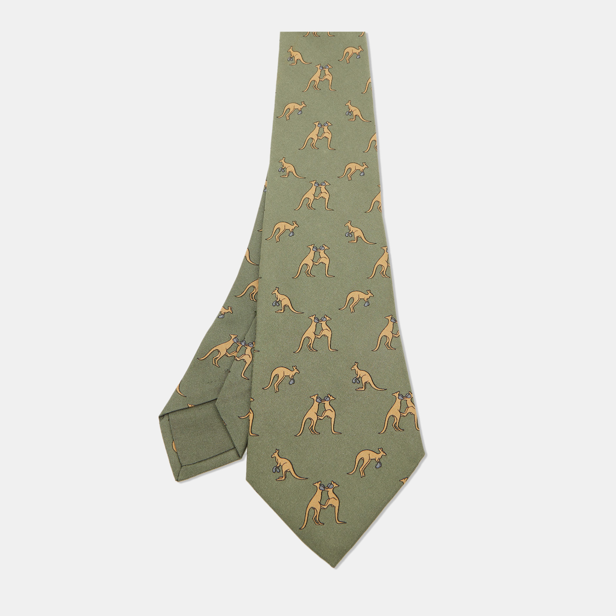 

Hermes Olive Green/Beige Boxing Kangaroo Print Silk Classic Tie