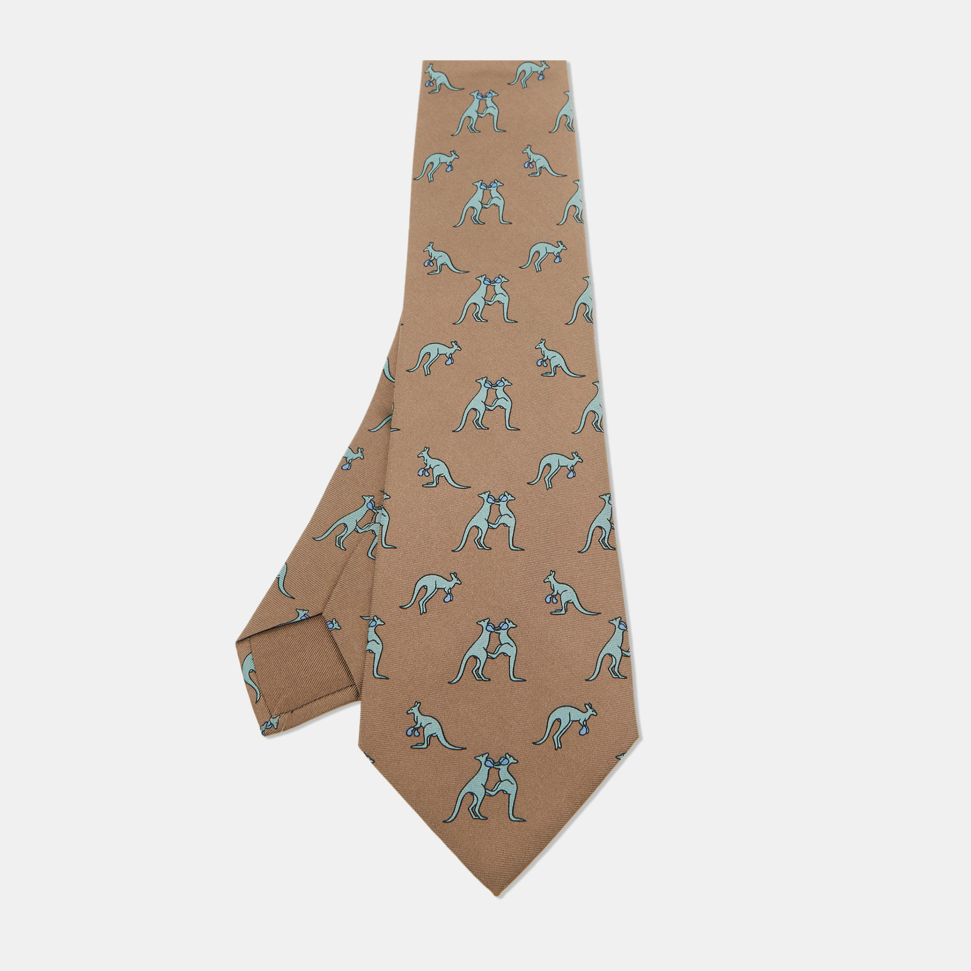 

Hermes Beige/Blue Boxing Kangaroo Print Silk Classic Tie