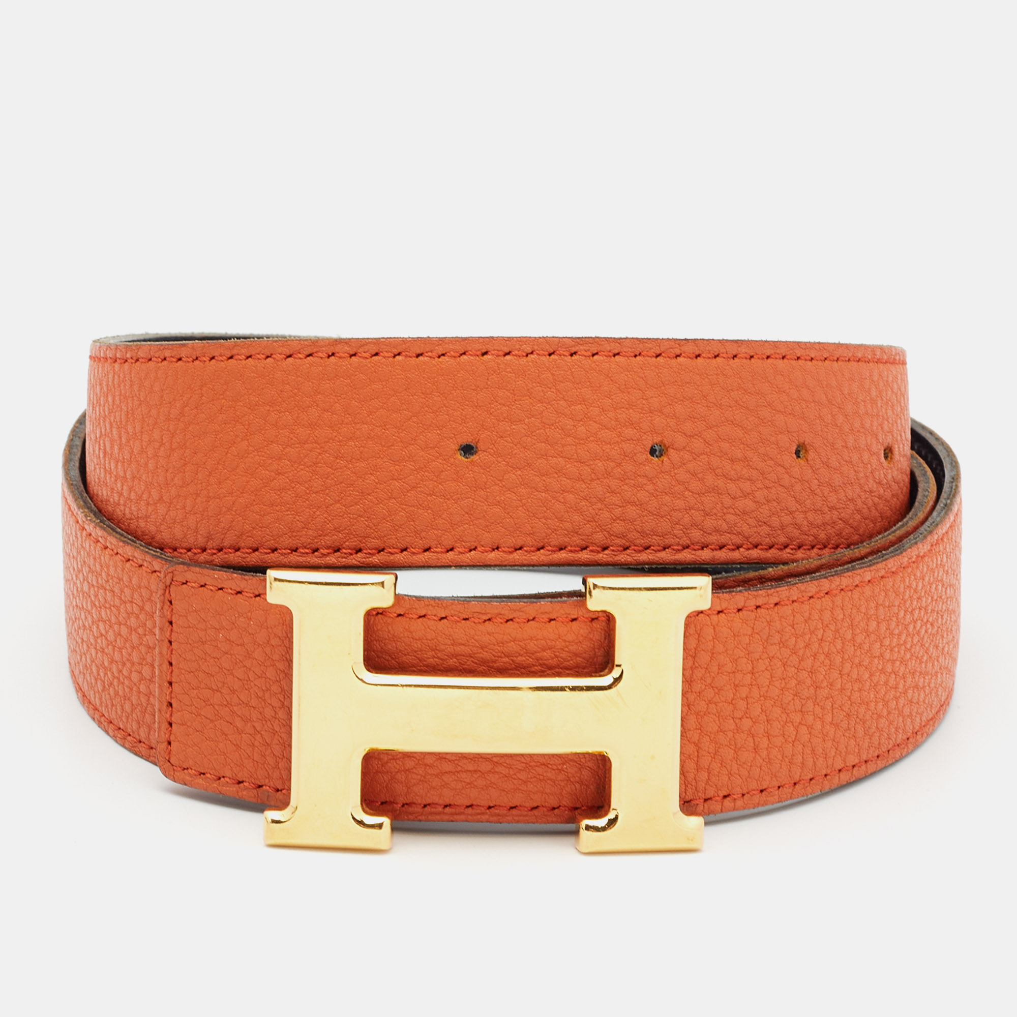 

Hermès Orange/Noir Togo and Chamonix Leather H Buckle Reversible Belt