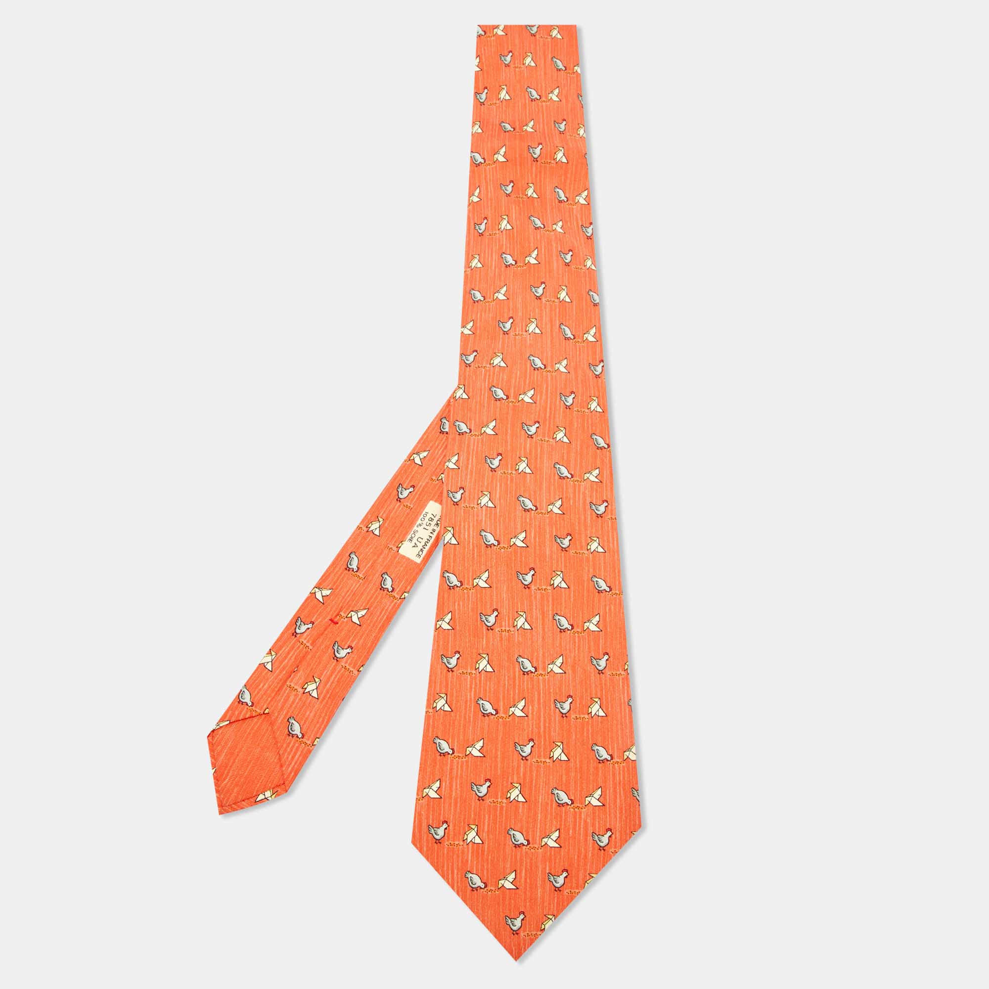 

Hermès Orange Whimsical Chicken Print Silk Tie