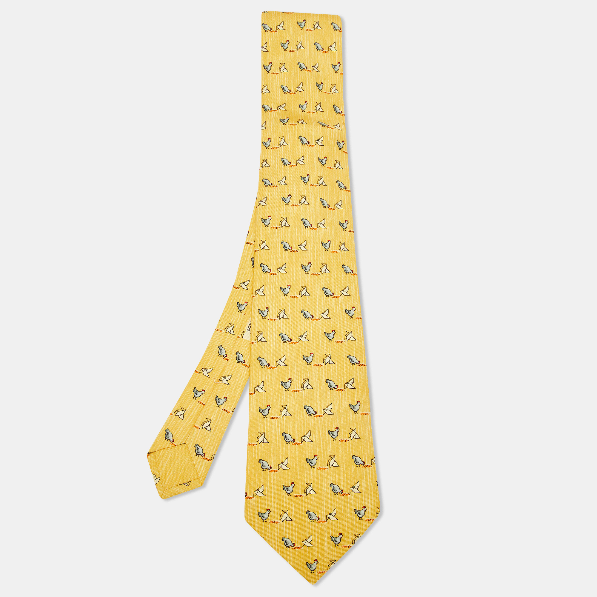 

Hermes Yellow Whimsical Chickens Print Silk Classic Tie