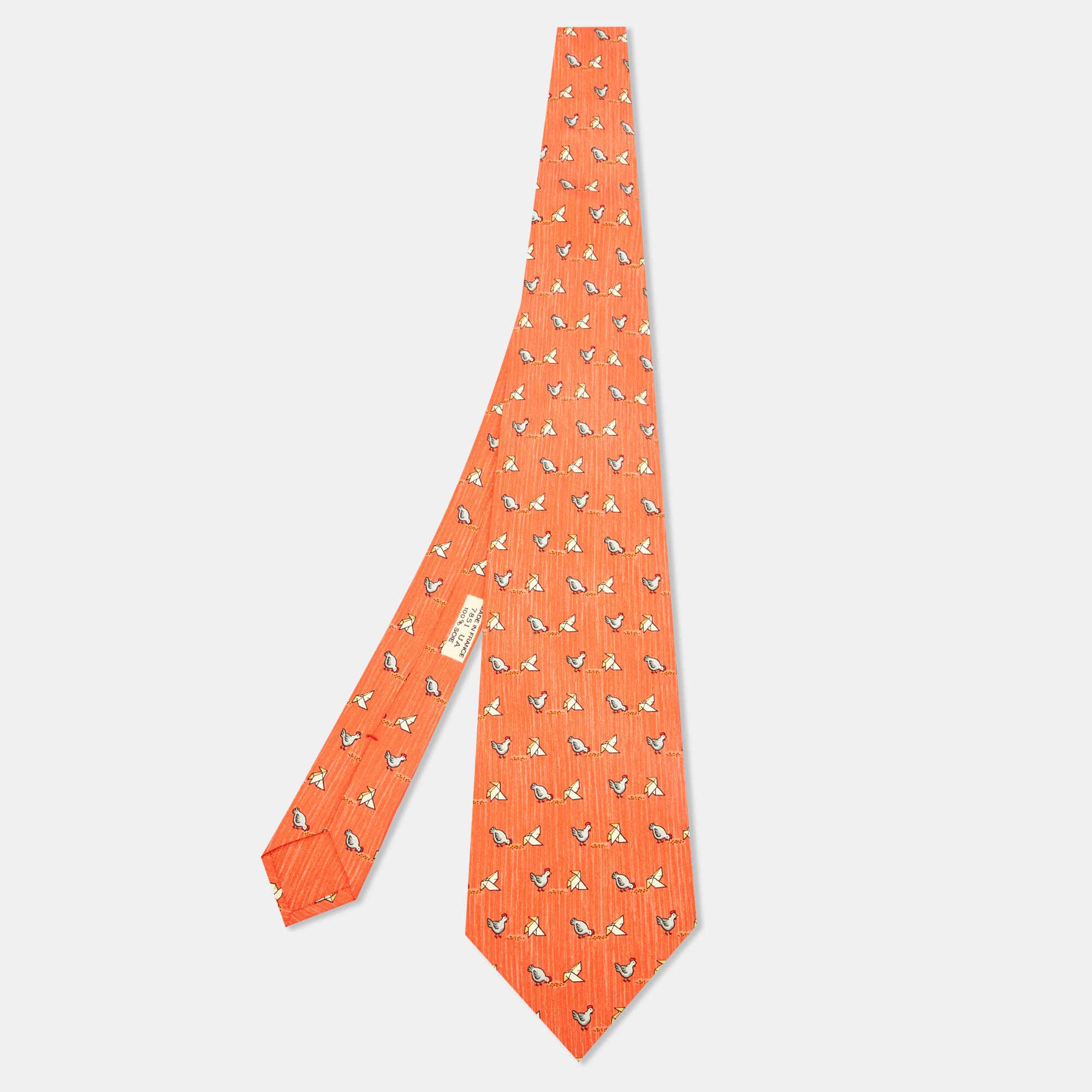 

Hermès Orange Whimsical Chickens Print Silk Classic Tie